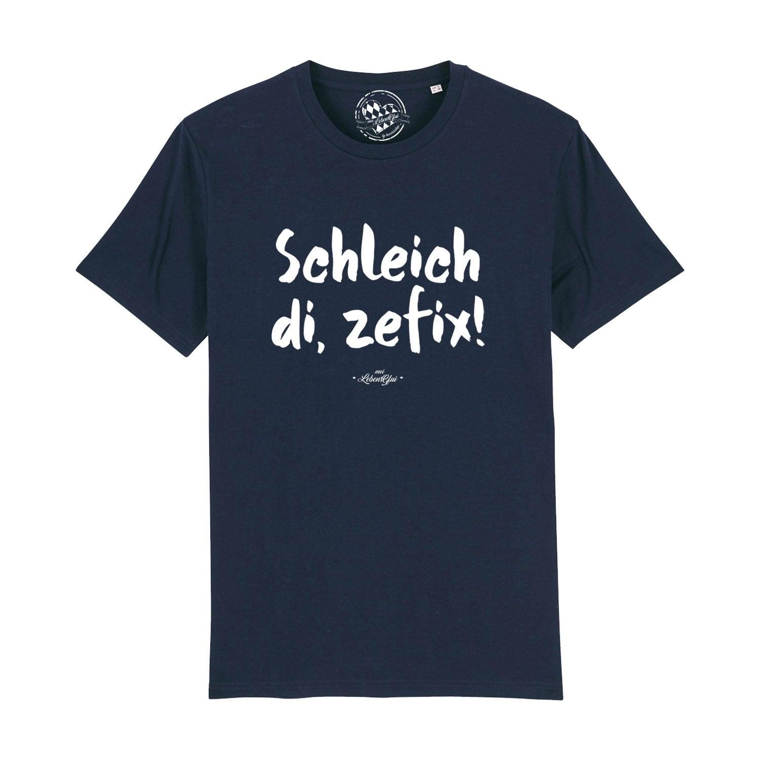 Schwarzes Herren-T-Shirt mit weißem Front-Schriftzug „Schleich di, zefix!“, aus 100 % Bio-Baumwolle.