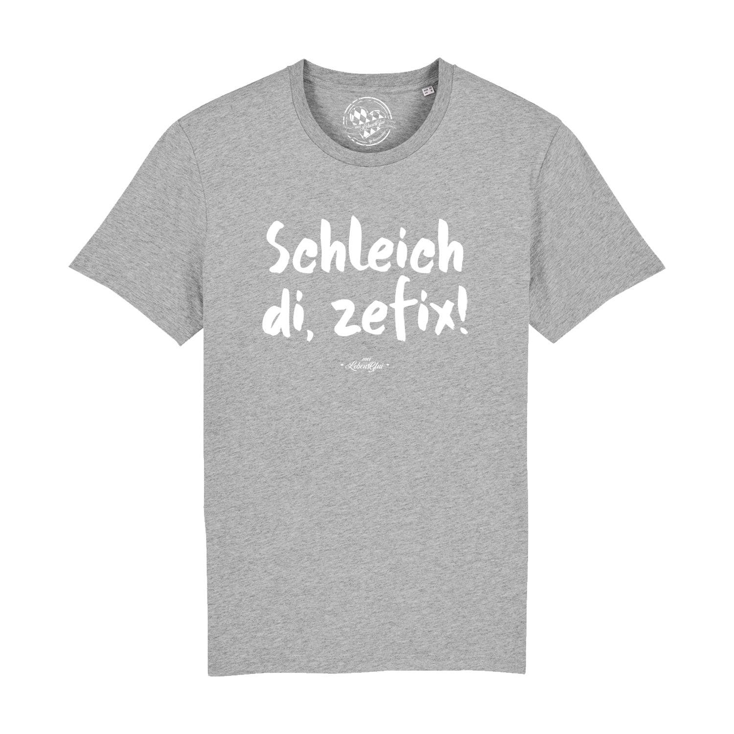 Schwarzes Herren-T-Shirt mit weißem Frontprint „Schleich di, zefix!“ aus 100 % Bio-Baumwolle, kurzärmelig.