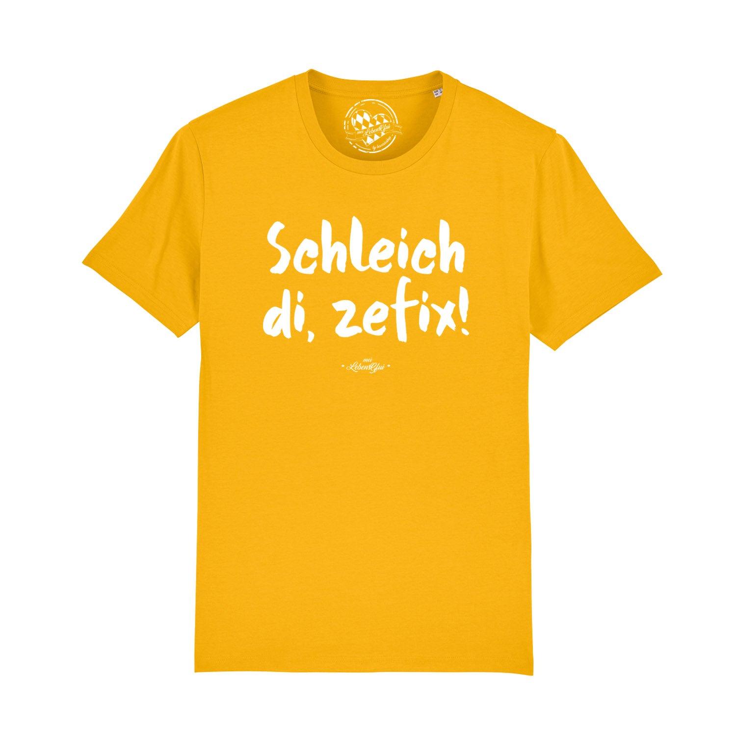 Schwarzes Herren-T-Shirt mit weißem Frontprint „Schleich di, zefix!“, Rundhalsausschnitt, 100 % Bio-Baumwolle.