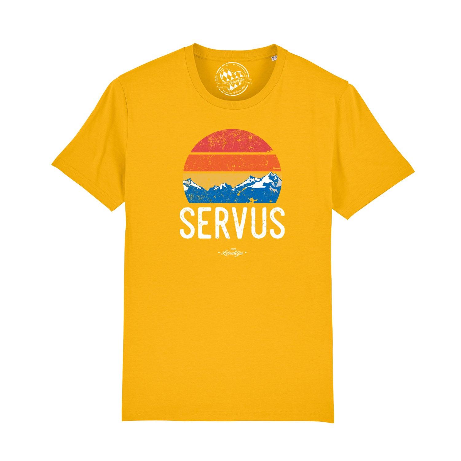 Herren T-Shirt in Dunkelgrau mit weißem „Servus“-Schriftzug, Kurzarm, Rundhals, 100 % Bio-Baumwolle.