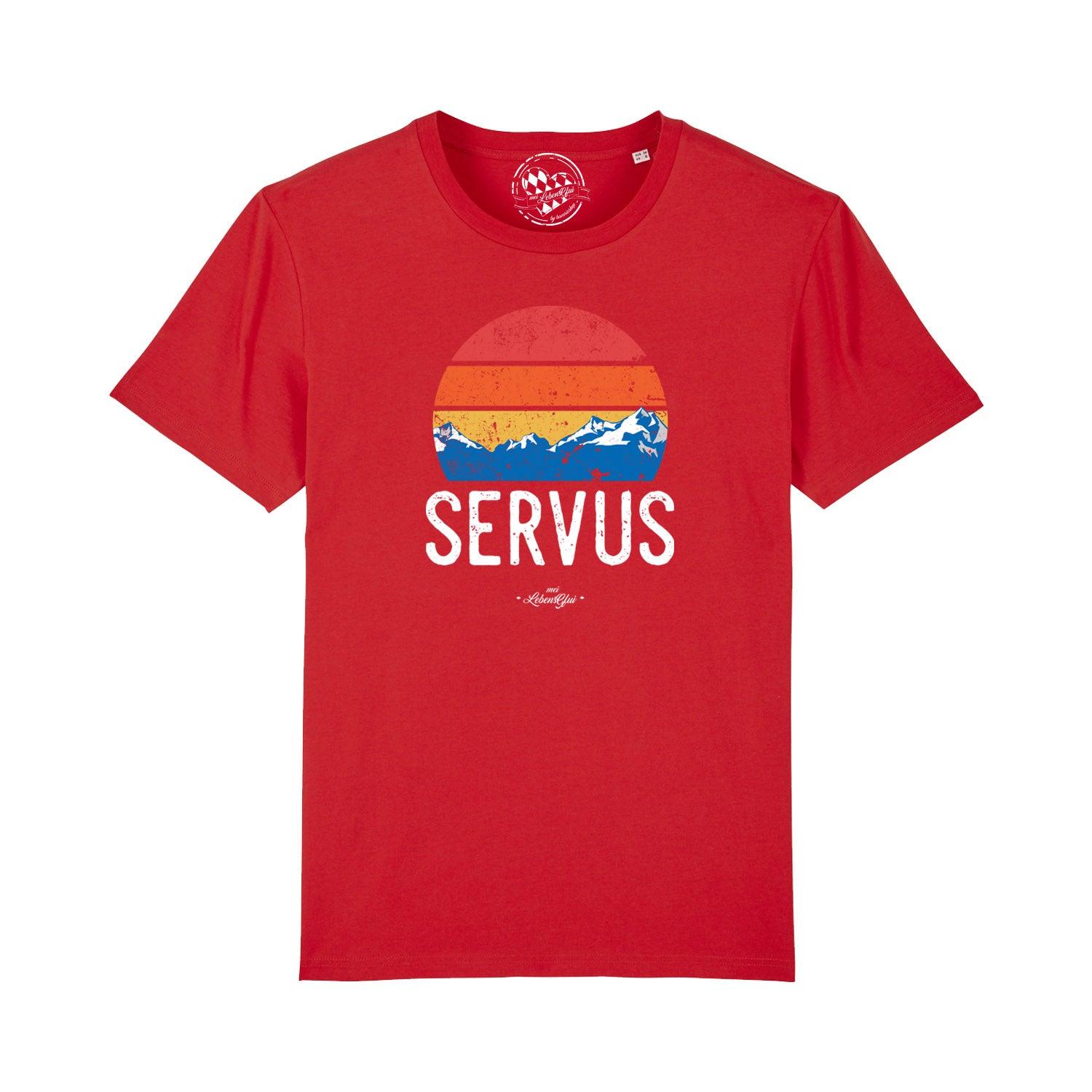 Dunkelblaues Herren-T-Shirt mit weißem „Servus“-Schriftzug, Rundhalsausschnitt, aus 100 % Bio-Baumwolle.
