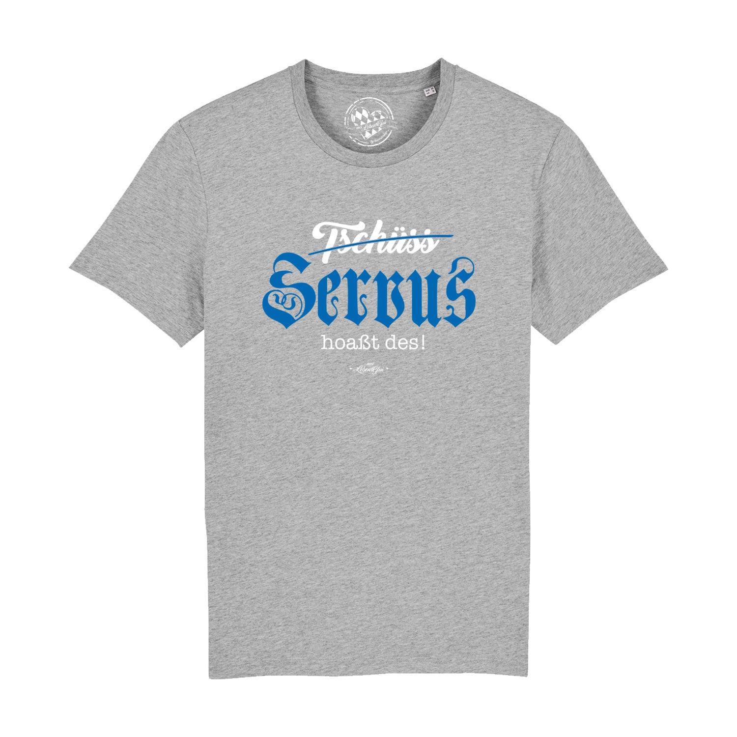 Bayerisches Herren-T-Shirt in Schwarz mit weißem Frontprint „Servus hoaßt des!“, Rundhalsausschnitt, Bio-Baumwolle.