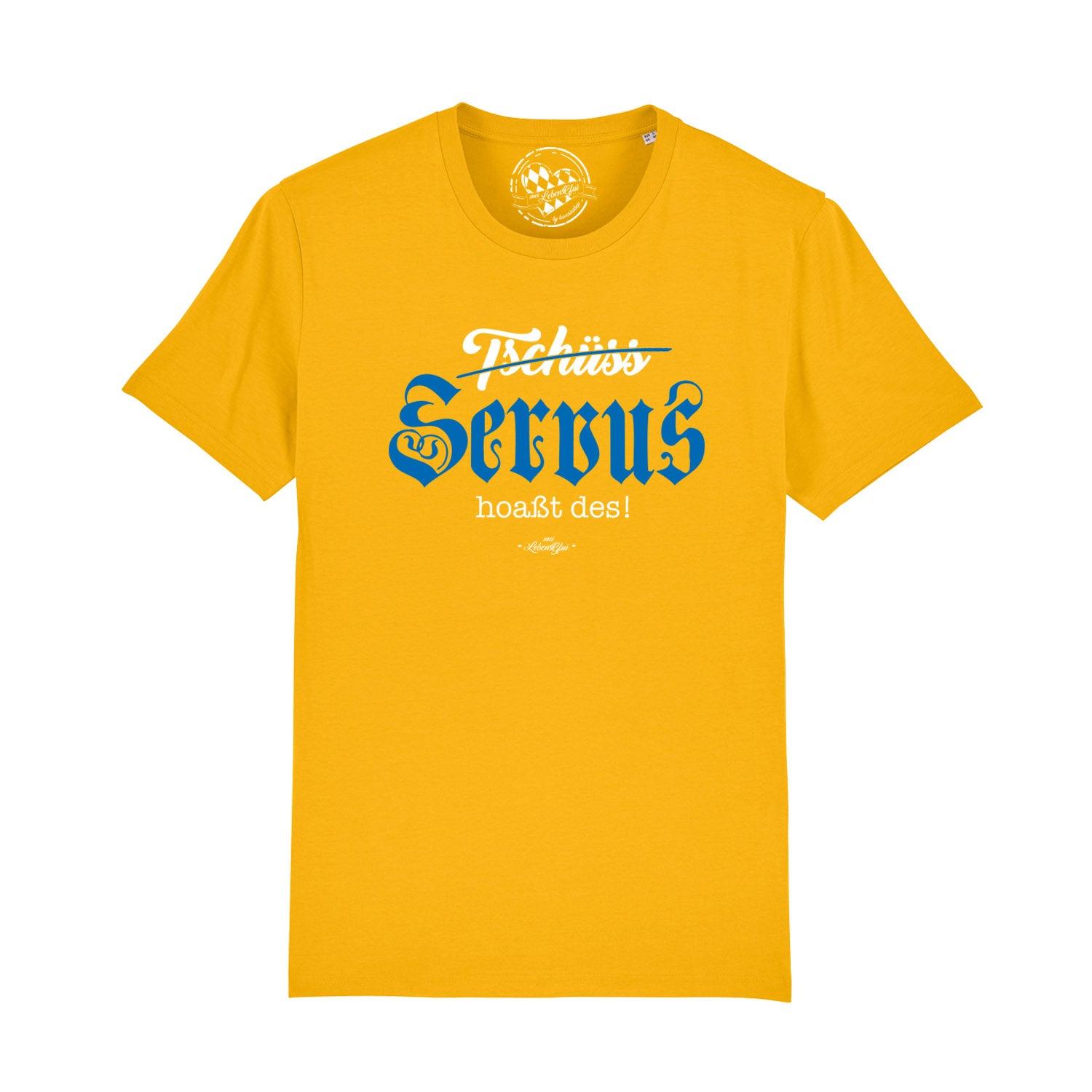Schwarzes Herren-T-Shirt mit weißem Frontprint "Servus hoaßt des!", Rundhalsausschnitt, aus 100 % Bio-Baumwolle.