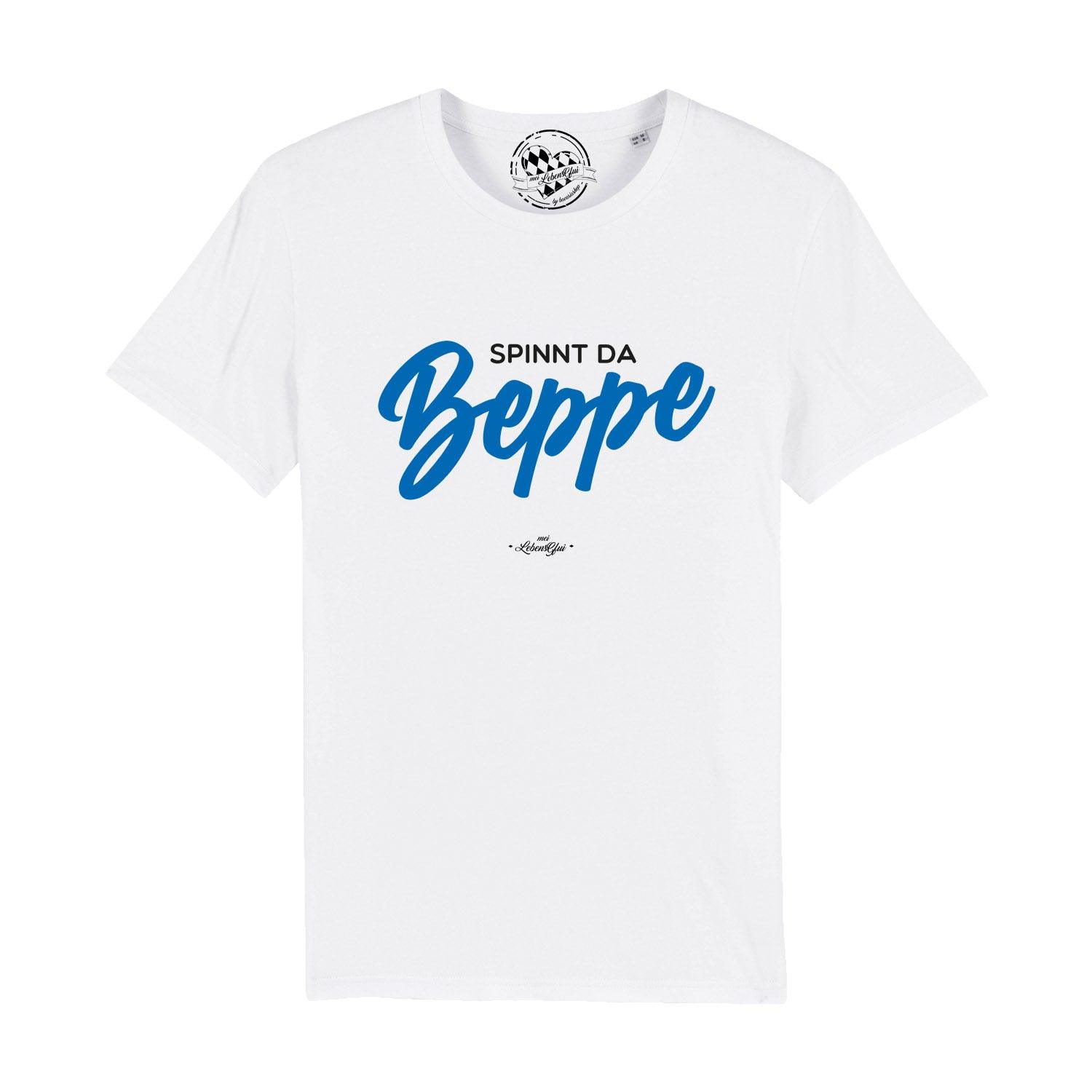 Schwarzes Herren-T-Shirt mit weißem Brust-Print "Spinnt da Beppe", Rundhalsausschnitt, 100 % Bio-Baumwolle.