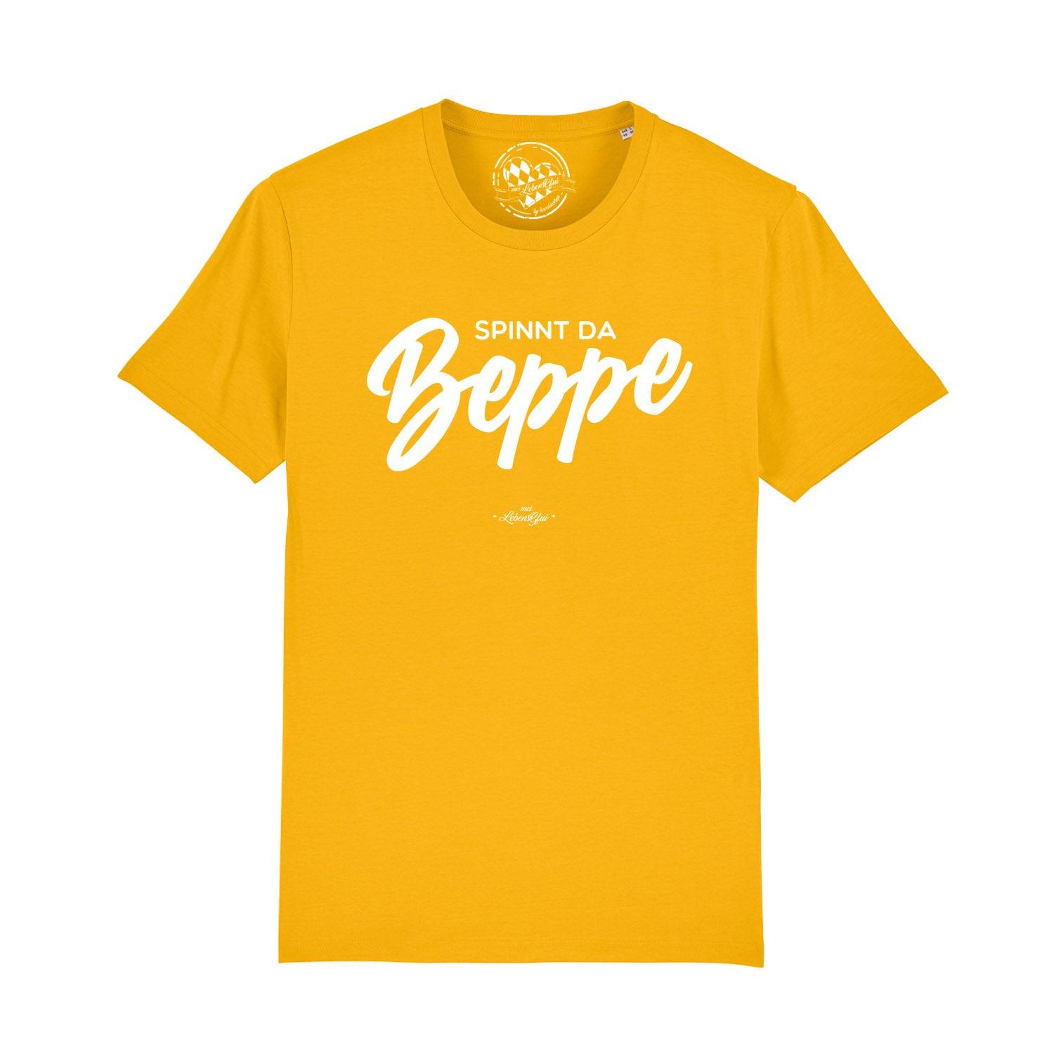 Herren T-Shirt in Schwarz mit weißem Schriftzug „Spinnt da Beppe“, Rundhals, 100 % Bio-Baumwolle, kurzärmelig.