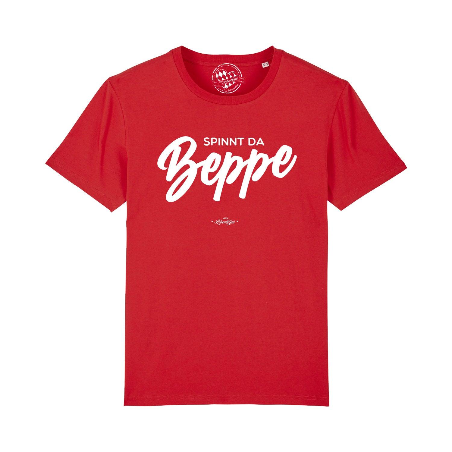 Schwarzes Herren-T-Shirt mit weißem Frontprint "Spinnt da Beppe", Rundhalsausschnitt, aus 100 % Bio-Baumwolle.