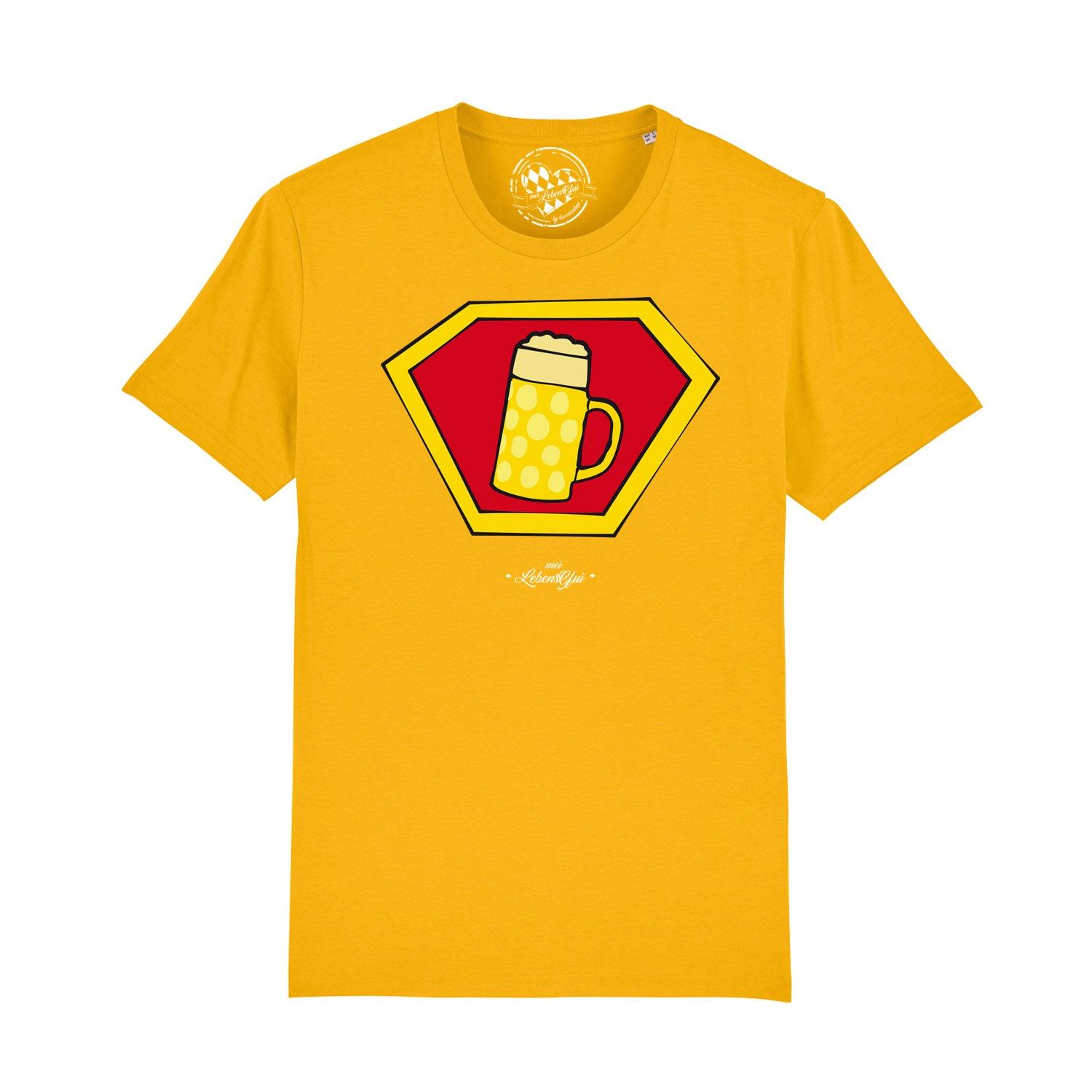 Schwarzes Herren-T-Shirt mit weißem Super-Bierkrug-Motiv und bayerischem Schriftzug, 100 % Bio-Baumwolle.