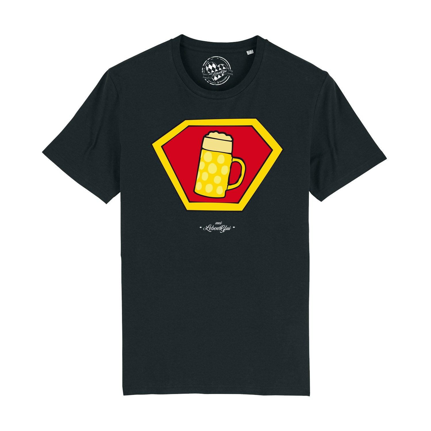 Schwarzes Herren-T-Shirt mit buntem "Super-Bierkrug"-Motiv und bayerischem Schriftzug, Bio-Baumwolle, kurzärmelig.