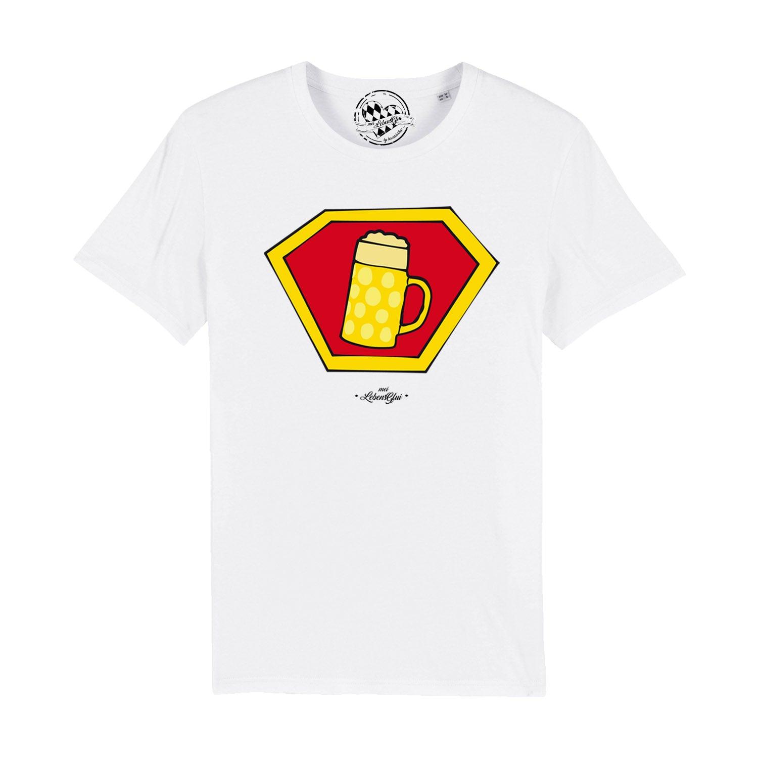Schwarzes Herren-T-Shirt mit Comic-Motiv eines Bierkrugs im Superheldenstil, Rundhalsausschnitt, Bio-Baumwolle.