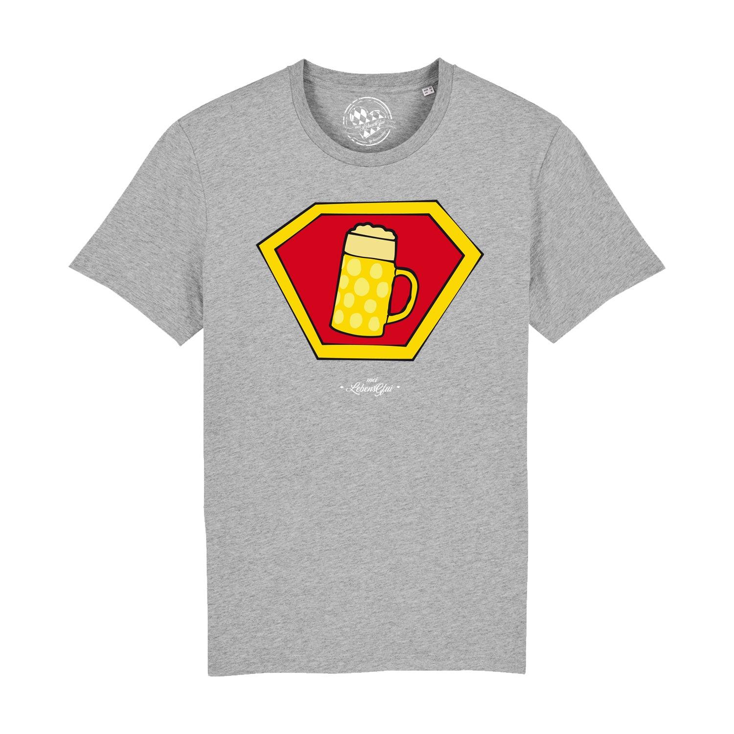 Schwarzes Herren-T-Shirt mit weißem Superhelden-Bierkrug-Motiv und Schriftzug, aus 100 % Bio-Baumwolle.