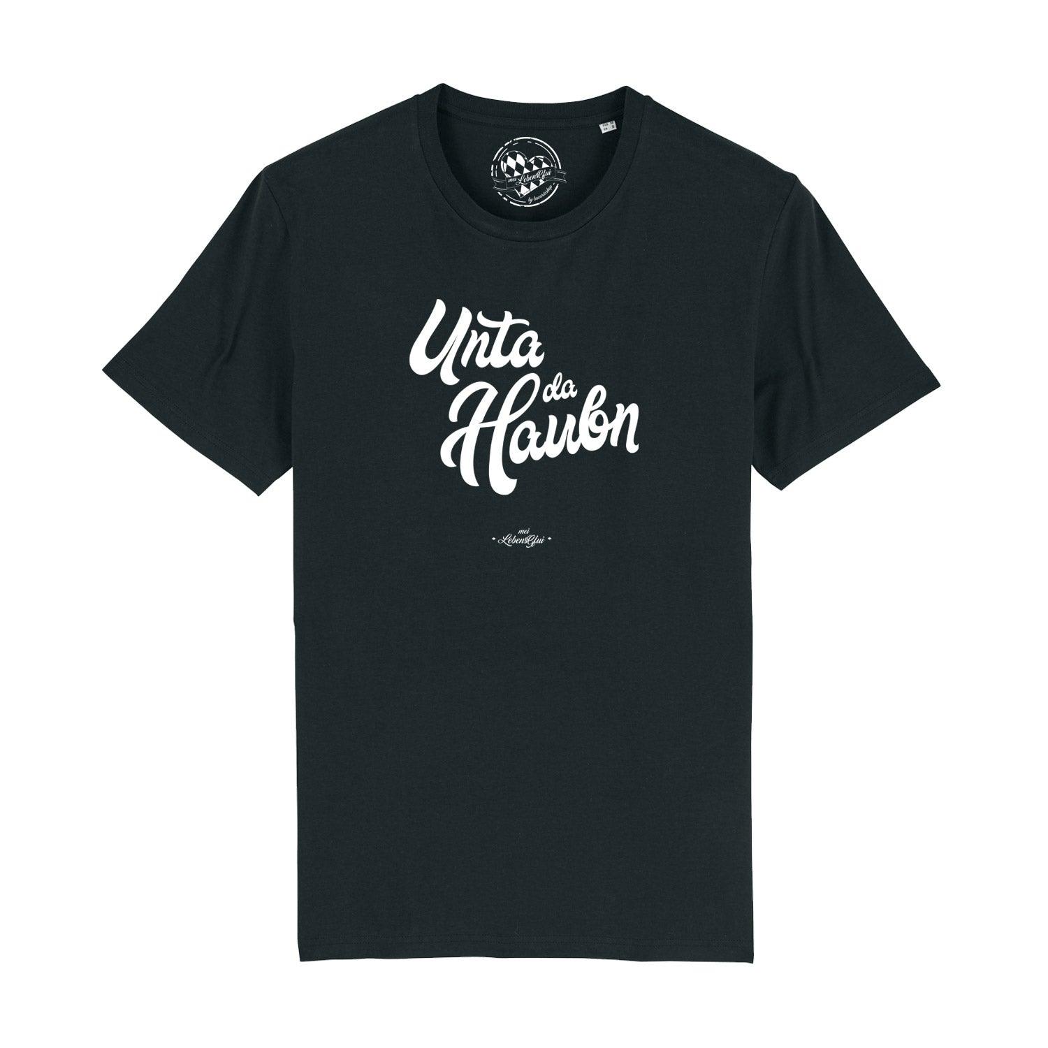 Schwarzes Herren-T-Shirt mit weißem Mundart-Schriftzug „Unta da Haubn“, Rundhals, aus 100 % Bio-Baumwolle.