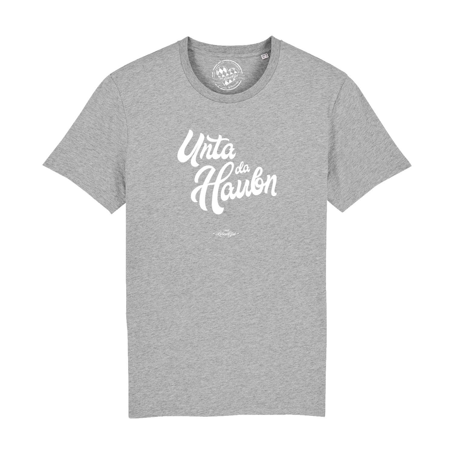 Schwarzes Herren-T-Shirt mit weißem „Unta da Haubn“-Schriftzug, Kurzarm, Rundhalsausschnitt, 100 % Bio-Baumwolle.