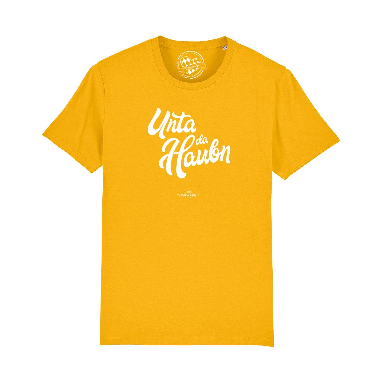 Schwarzes Herren-T-Shirt mit weißem Frontprint „Unta da Haubn“ in bayerischer Mundart, aus 100 % Bio-Baumwolle.