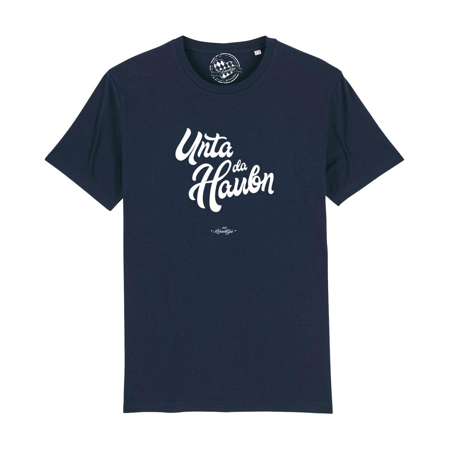Schwarzes Herren-T-Shirt mit weißem Schriftzug „Unta da Haubn“, Rundhalsausschnitt, 100 % Bio-Baumwolle.
