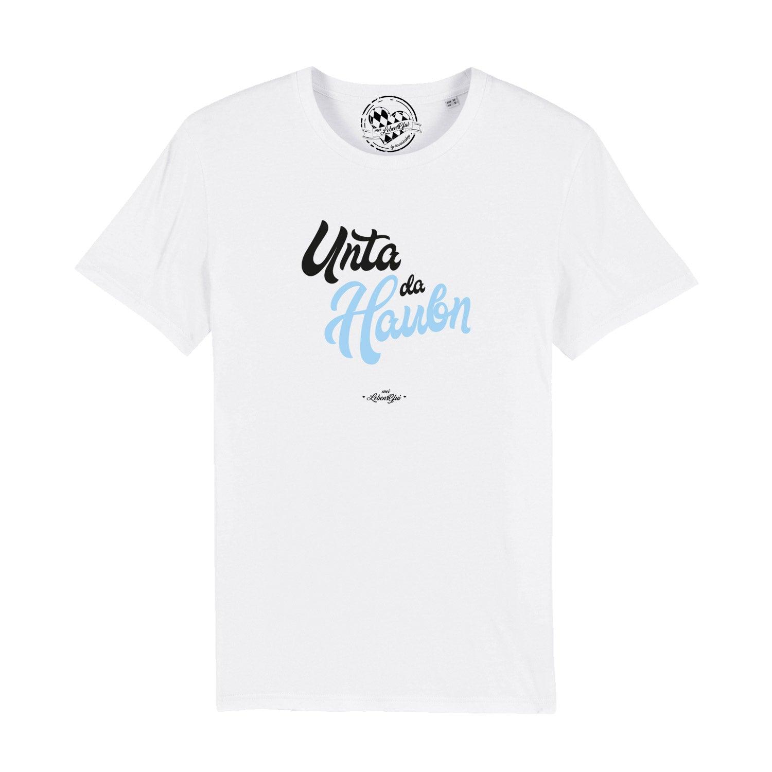 Graues Herren T-Shirt mit bayerischem Aufdruck „Unta da Haubn“, rundem Halsausschnitt, aus 100 % Bio-Baumwolle.