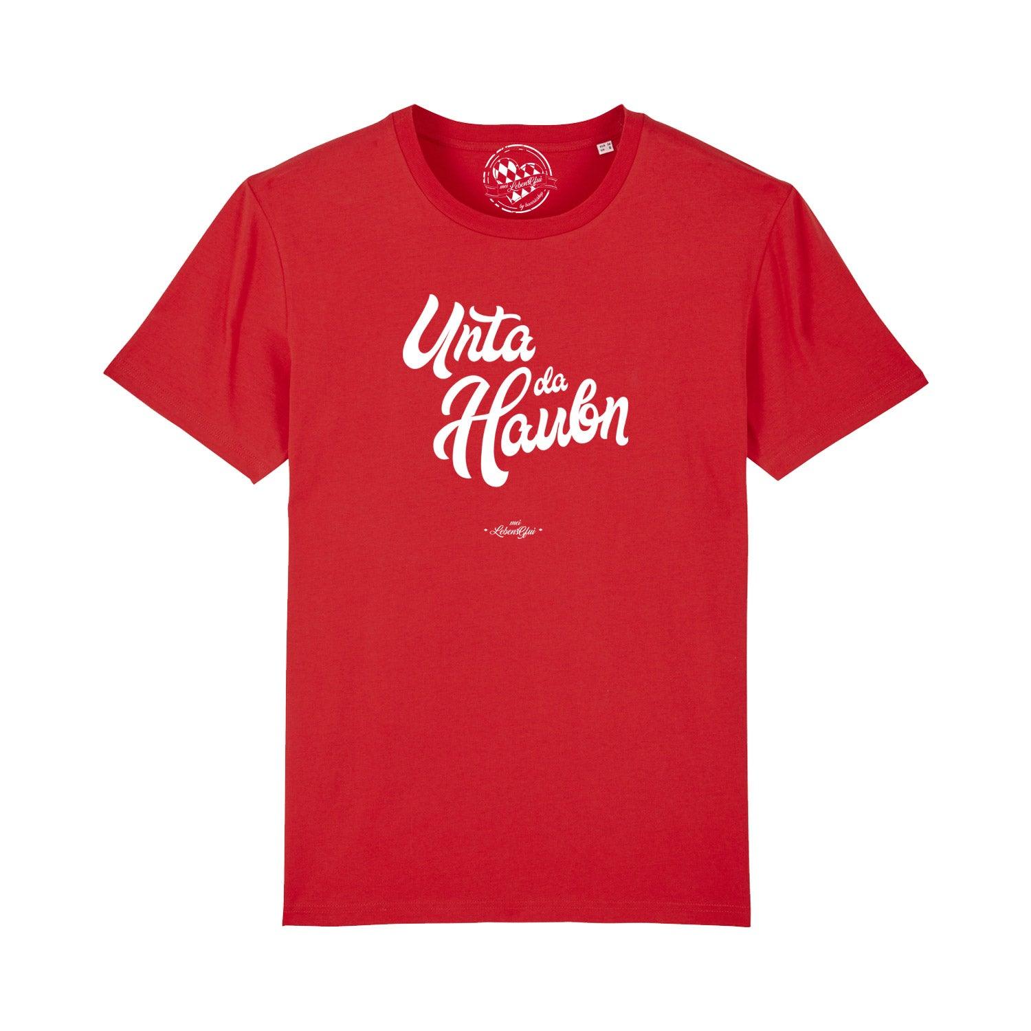 Schwarzes Herren-T-Shirt mit weißem Schriftzug „Unta da Haubn“, Rundhalsausschnitt, aus 100 % Bio-Baumwolle.