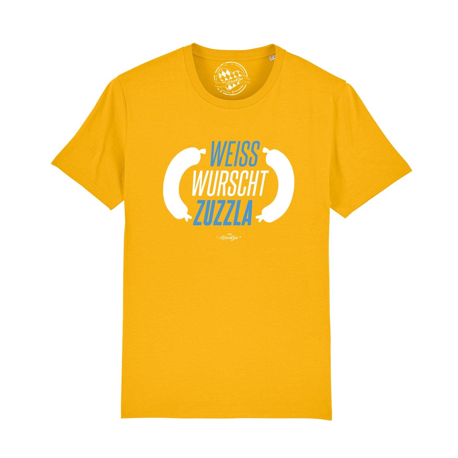 Weißes Herren-T-Shirt aus Bio-Baumwolle mit schwarzem Schriftzug „Weisswurschtzuzzla“ in bayerischer Mundart.