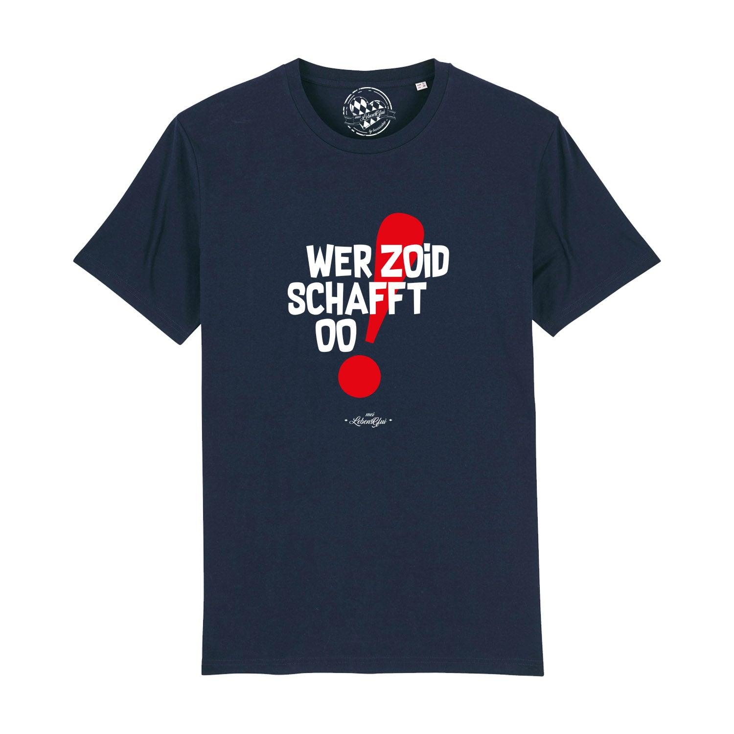 Schwarzes Herren-T-Shirt mit weißem Front-Print „Wer zoid, schafft oo!“, aus 100 % Bio-Baumwolle, Rundhals.