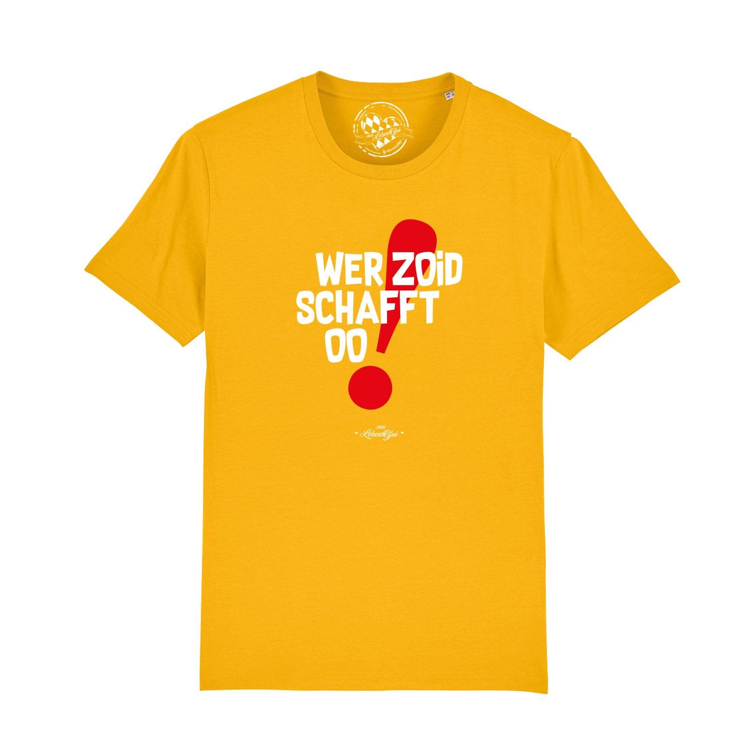 Schwarzes Herren-T-Shirt mit weißem Frontprint „Wer zoid, schafft oo!“, gerade Form, 100 % Bio-Baumwolle.