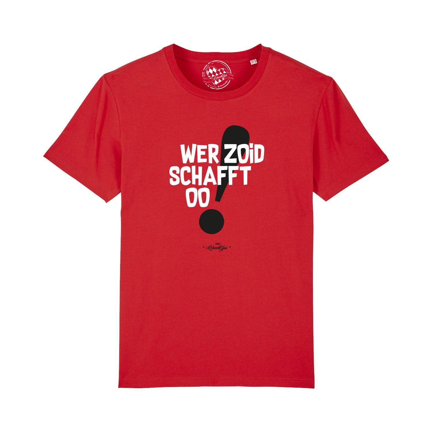 Graues Herren-T-Shirt mit weißem Frontdruck „Wer zoid, schafft oo!“, Rundhalsausschnitt, 100 % Bio-Baumwolle.