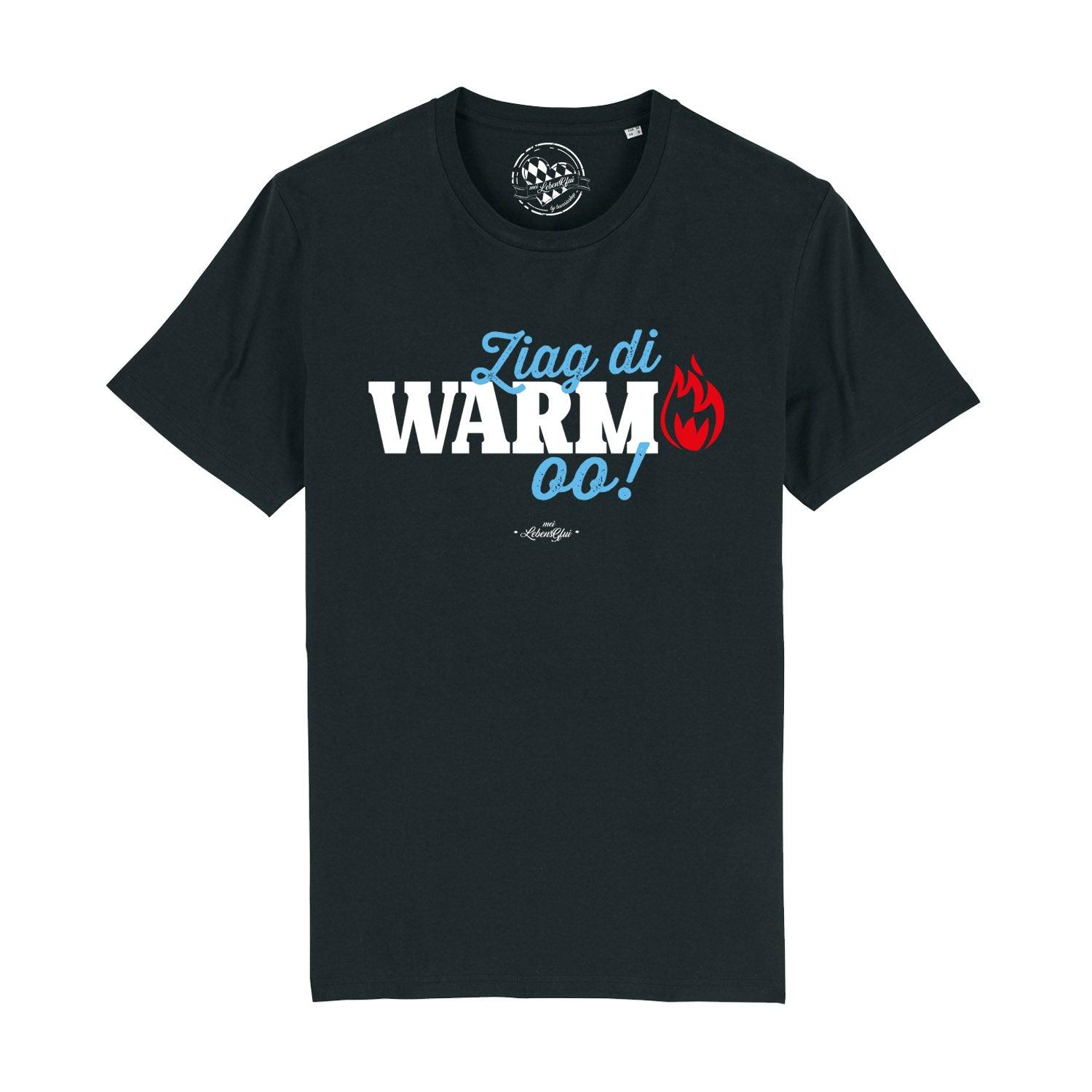 Bordeauxrotes Herren-T-Shirt mit bayerischem Spruch „Ziag di warm oo!“ in Weiß, aus 100 % Bio-Baumwolle.