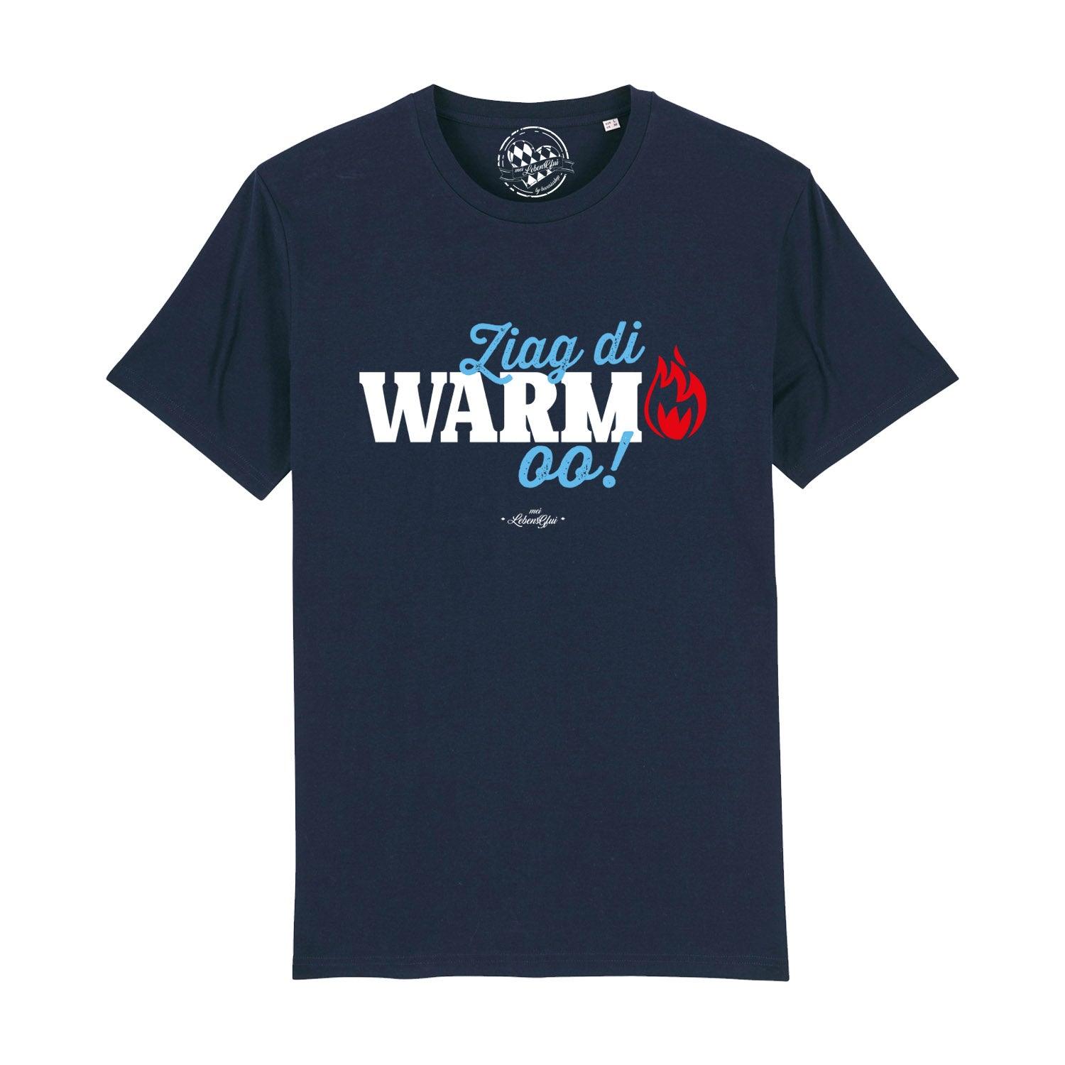 Schwarzes Herren-T-Shirt mit weißem Frontprint „Ziag di warm oo!“, Rundhals, 100 % Bio-Baumwolle, kurzärmelig.