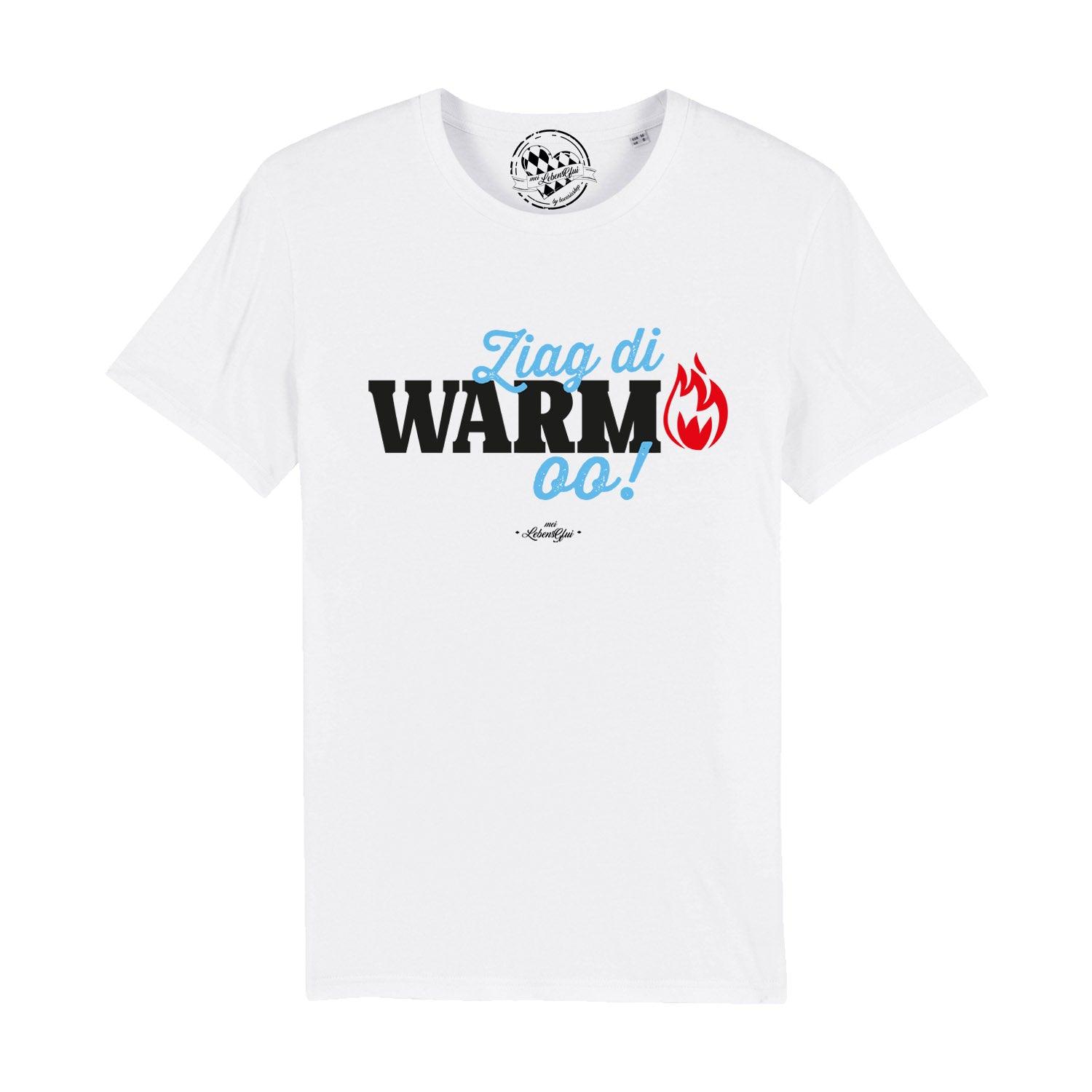 Schwarzes Herren-T-Shirt mit weißem Mundart-Schriftzug „Ziag di warm oo!“, Rundhalsausschnitt, Bio-Baumwolle.