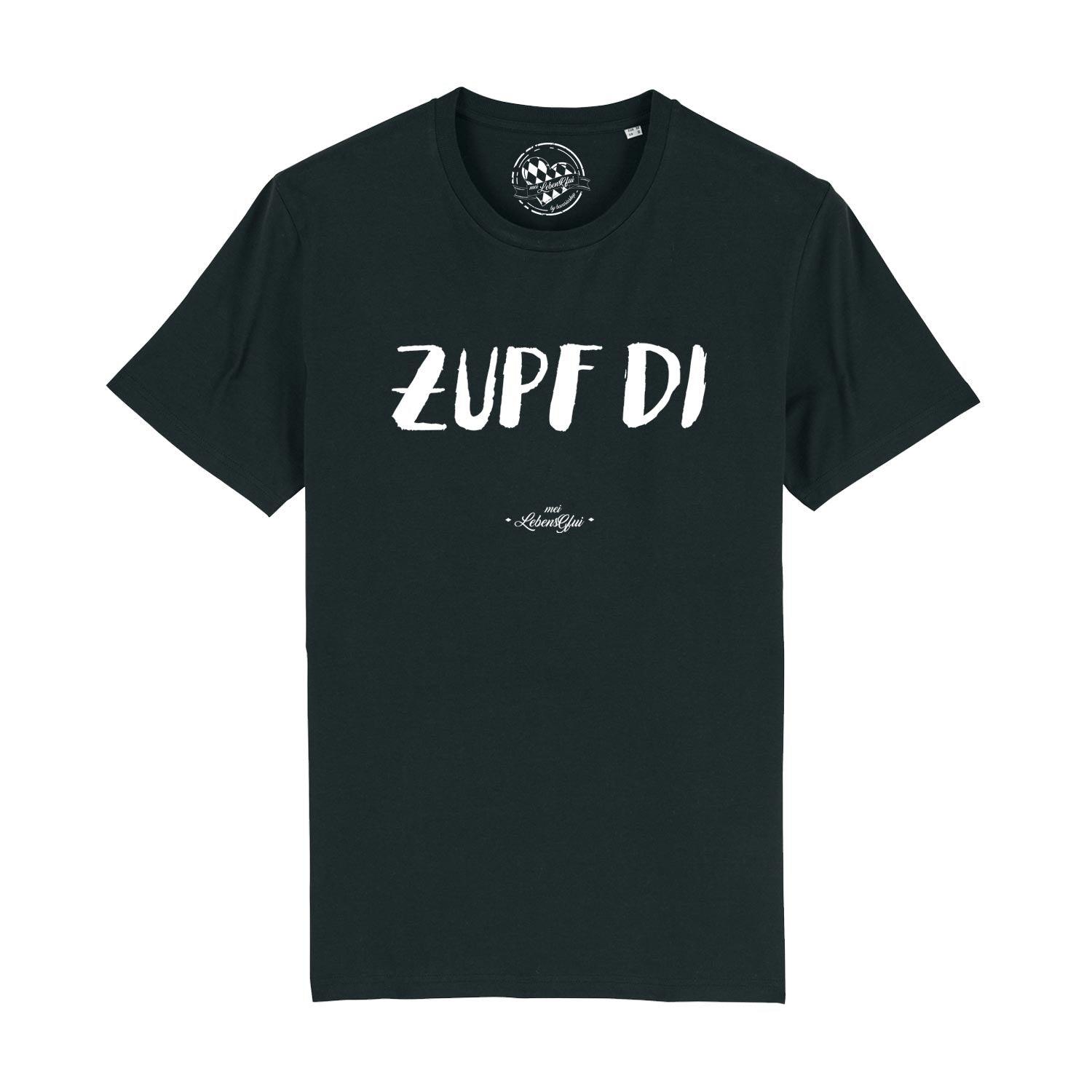 Herren T-Shirt mit bayerischem Schriftzug „Zupf di“, Rundhalsausschnitt, aus 100 % Bio-Baumwolle, digital bedruckt.
