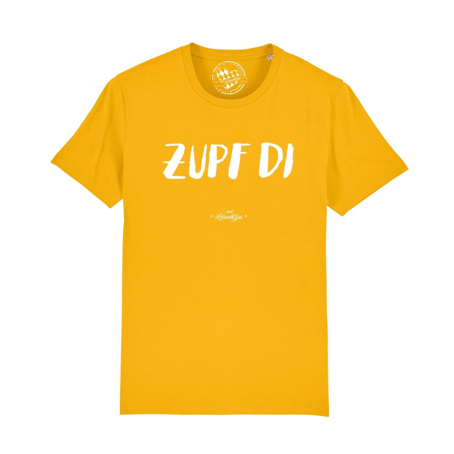 Herren T-Shirt mit großem Frontprint „Zupf di“ in bayerischer Mundart, aus 100 % Bio-Baumwolle, digital bedruckt.