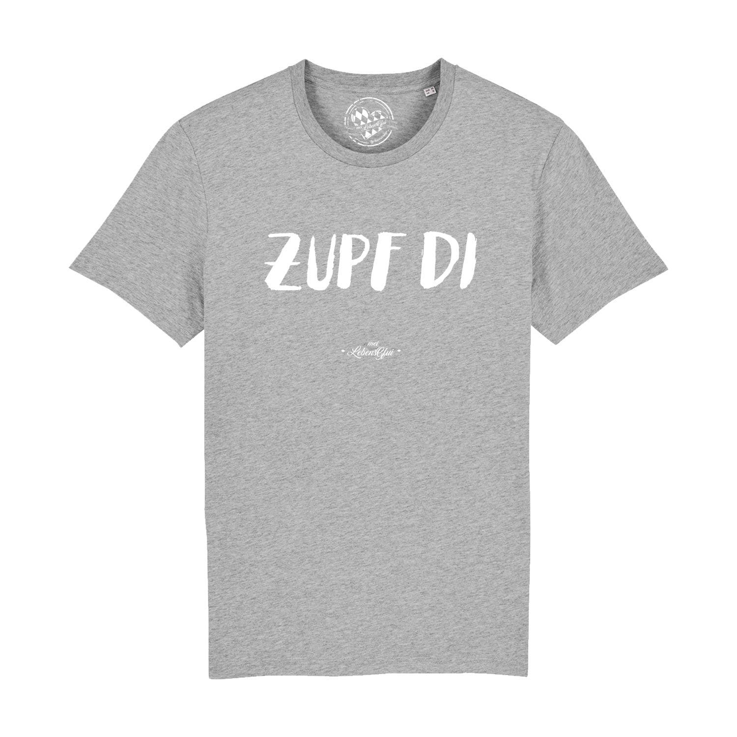 Herren T-Shirt mit bayerischem Schriftzug „Zupf di“, Rundhalsausschnitt, aus 100 % Bio-Baumwolle, glatt gewebt.