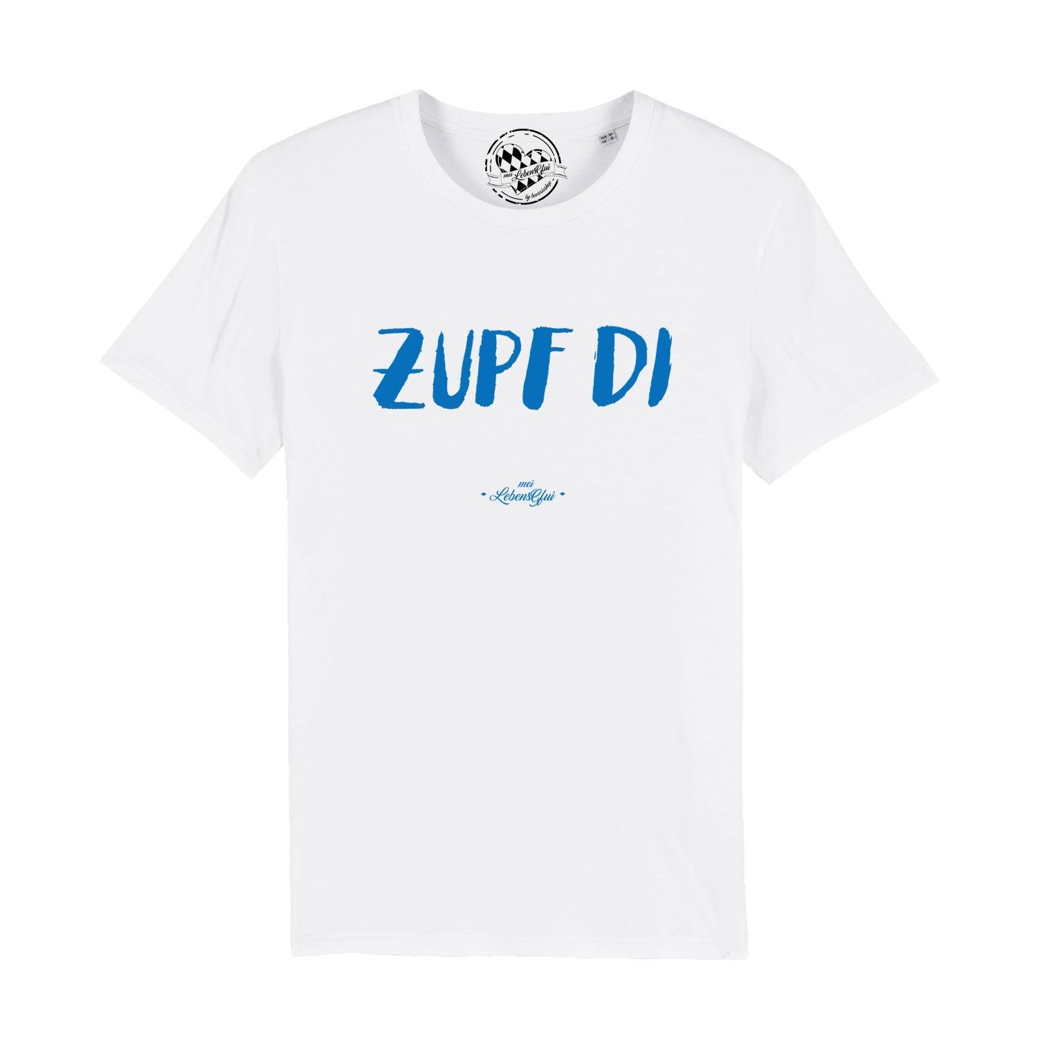 Herren T-Shirt mit Mundart-Schriftzug „Zupf di“, klassischer Rundhals, hochwertiger Digitaldruck auf Bio-Baumwolle.