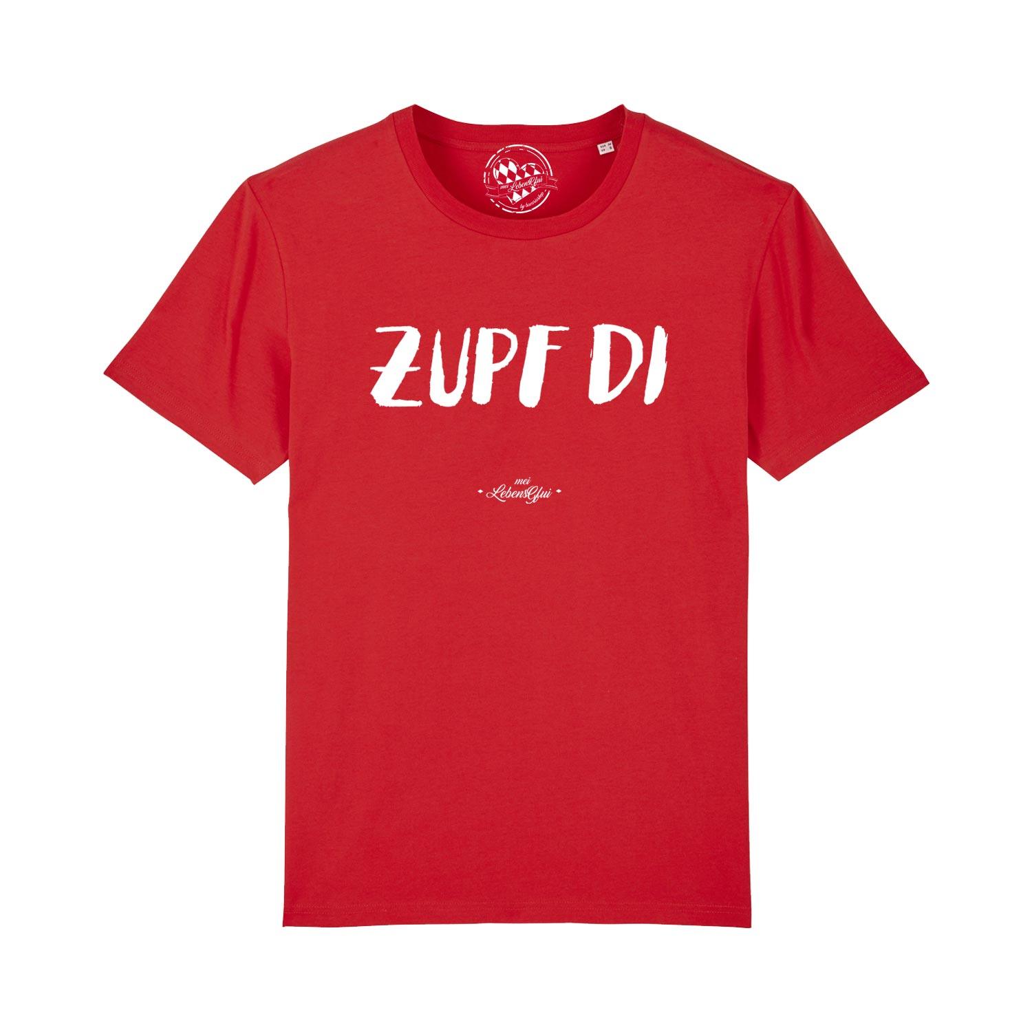Herren T-Shirt mit bayerischem Schriftzug „Zupf di“, Rundhals, glatt gewebt, aus 100 % Bio-Baumwolle, Digitaldruck.