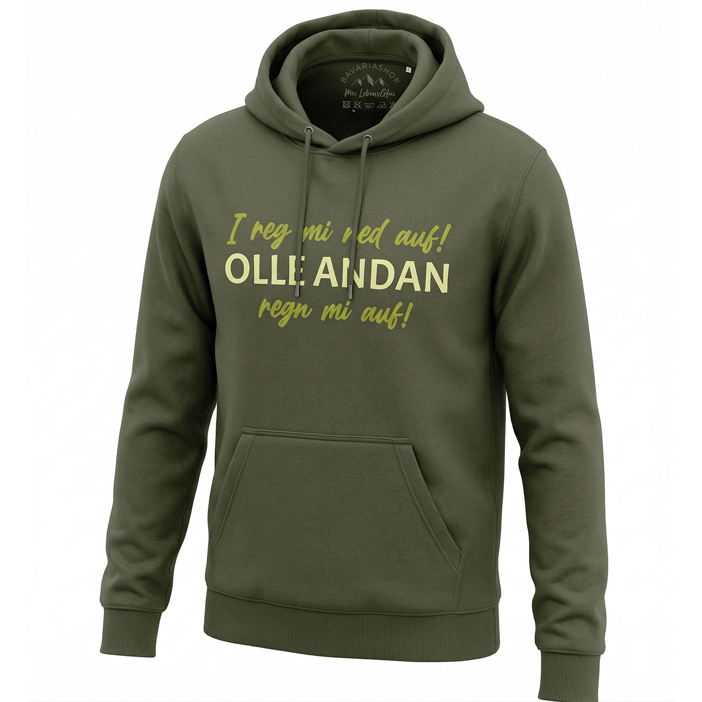 Olivgrüner Hoodie mit Kängurutasche und lockerem Schnitt, bedruckt mit dem Spruch I reg mi ned auf!