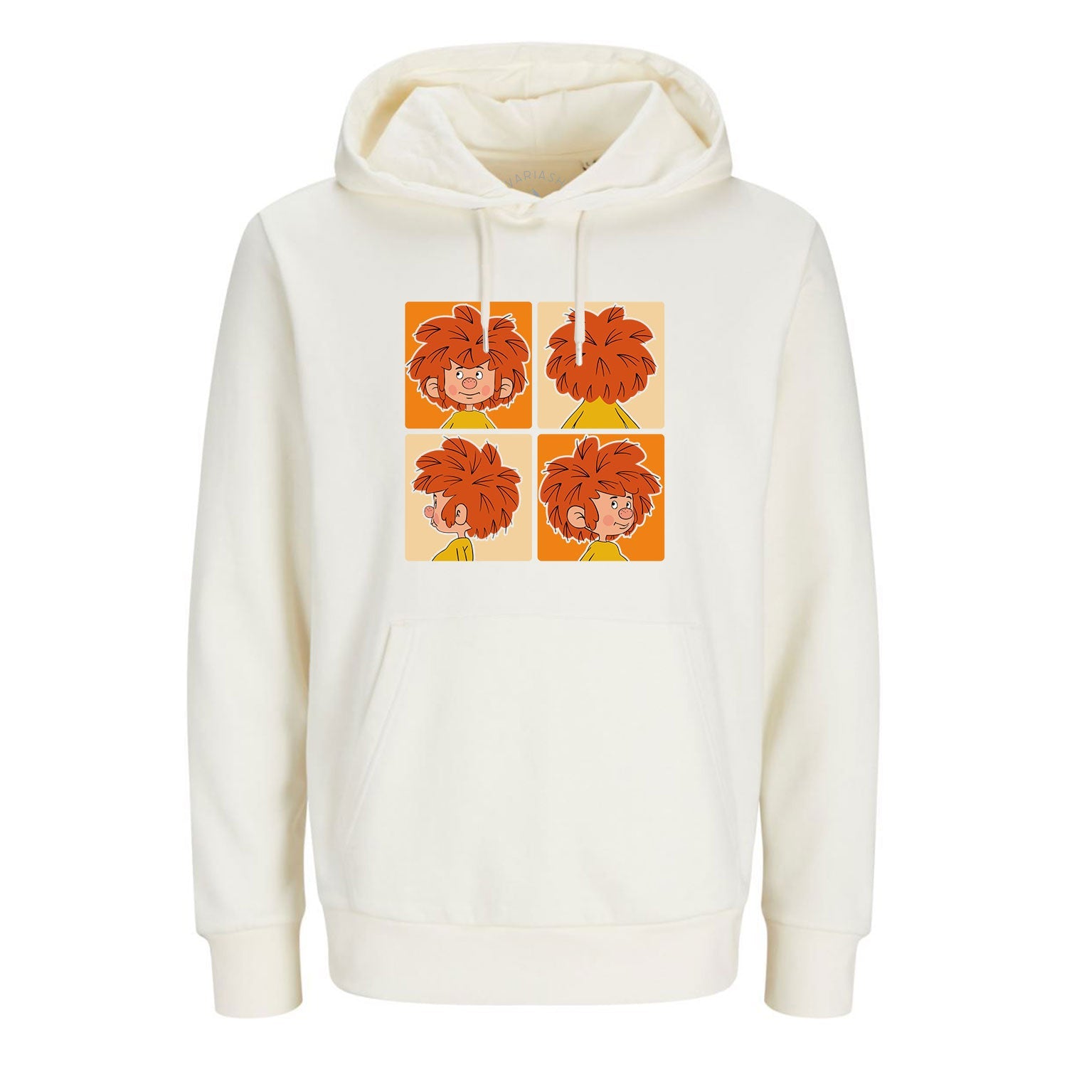 Cremeweisser Pumuckl Hoodie Schnappschuss mit verschiedenen Ansichten des Kobolds, komfortabler Kapuzenpullover.