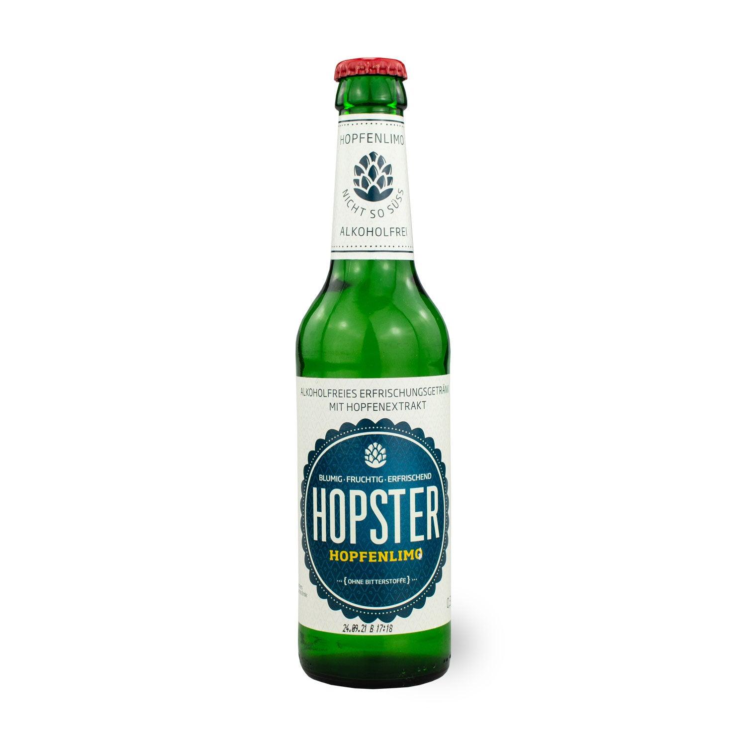Alkoholfreie Hopfenlimonade mit natürlicher Trübung, goldgelber Farbe und feiner Schaumkrone, 0,33 Liter.