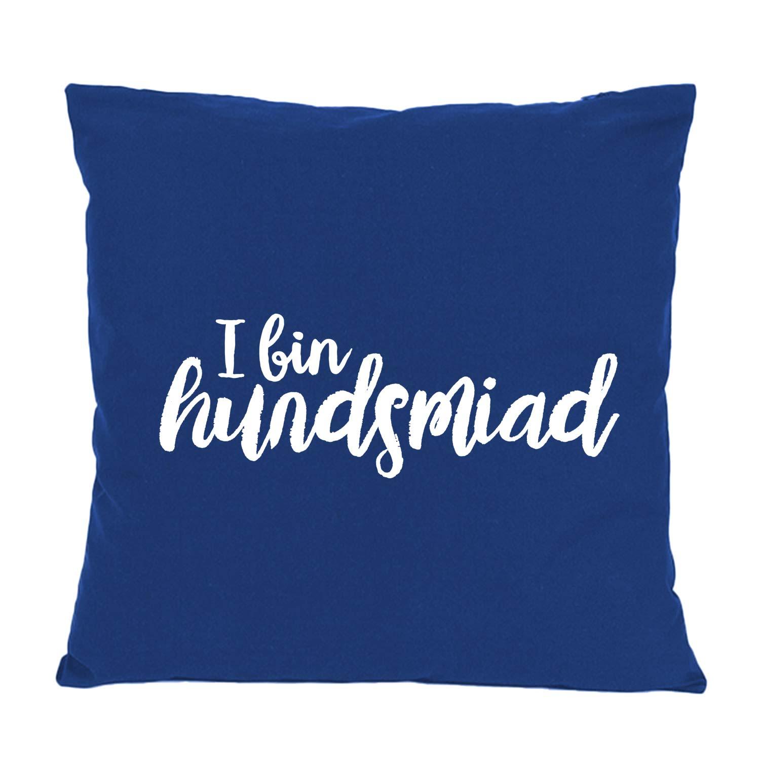 Kissen Hundsmiad in Dunkelblau mit weißem Schriftzug "I bin hundsmiad" in geschwungener Typografie.