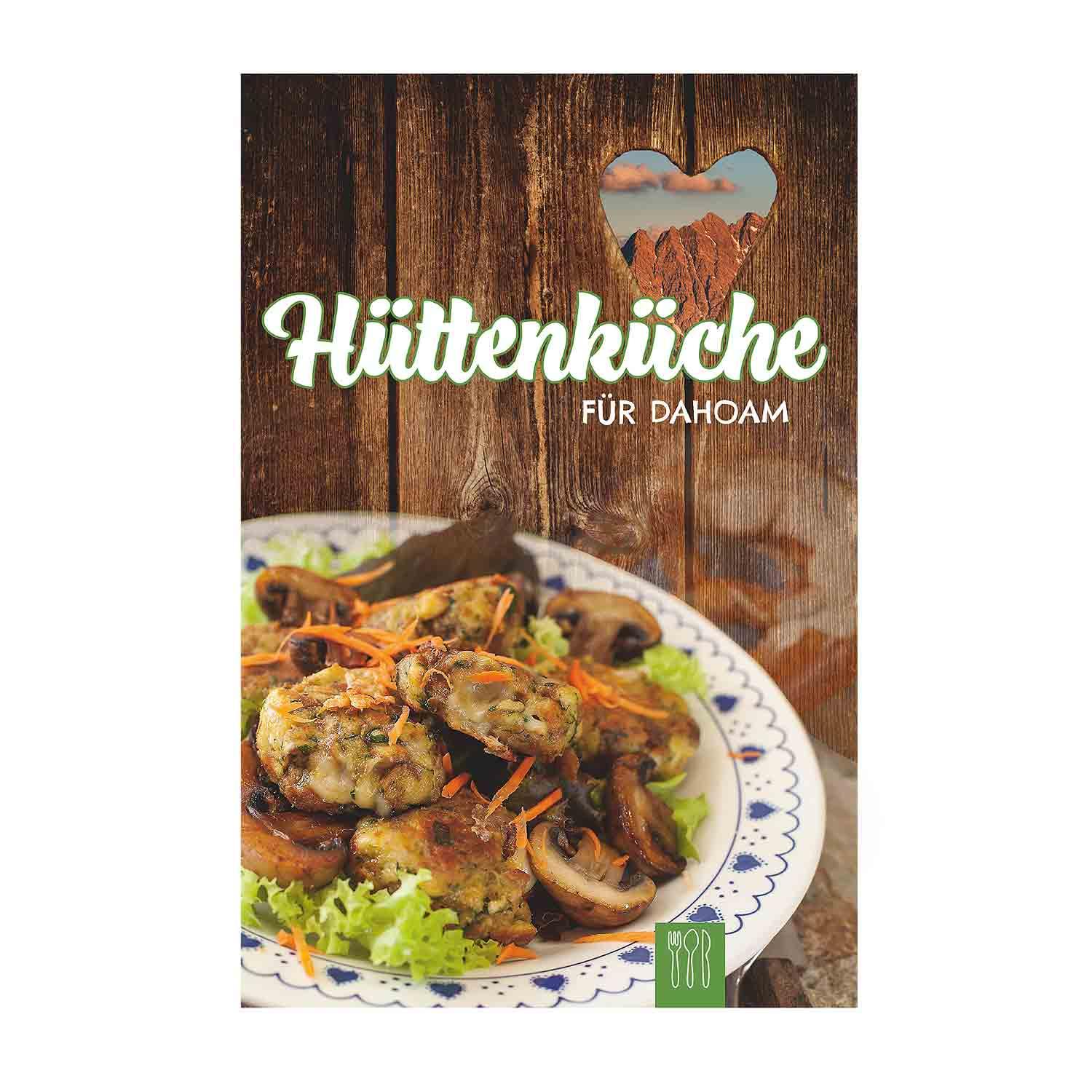 Kochbuch mit über 75 Rezepten alpiner Hüttenwirte, Hardcover mit Foto von Knödeln und herzhafter Hüttenküche.