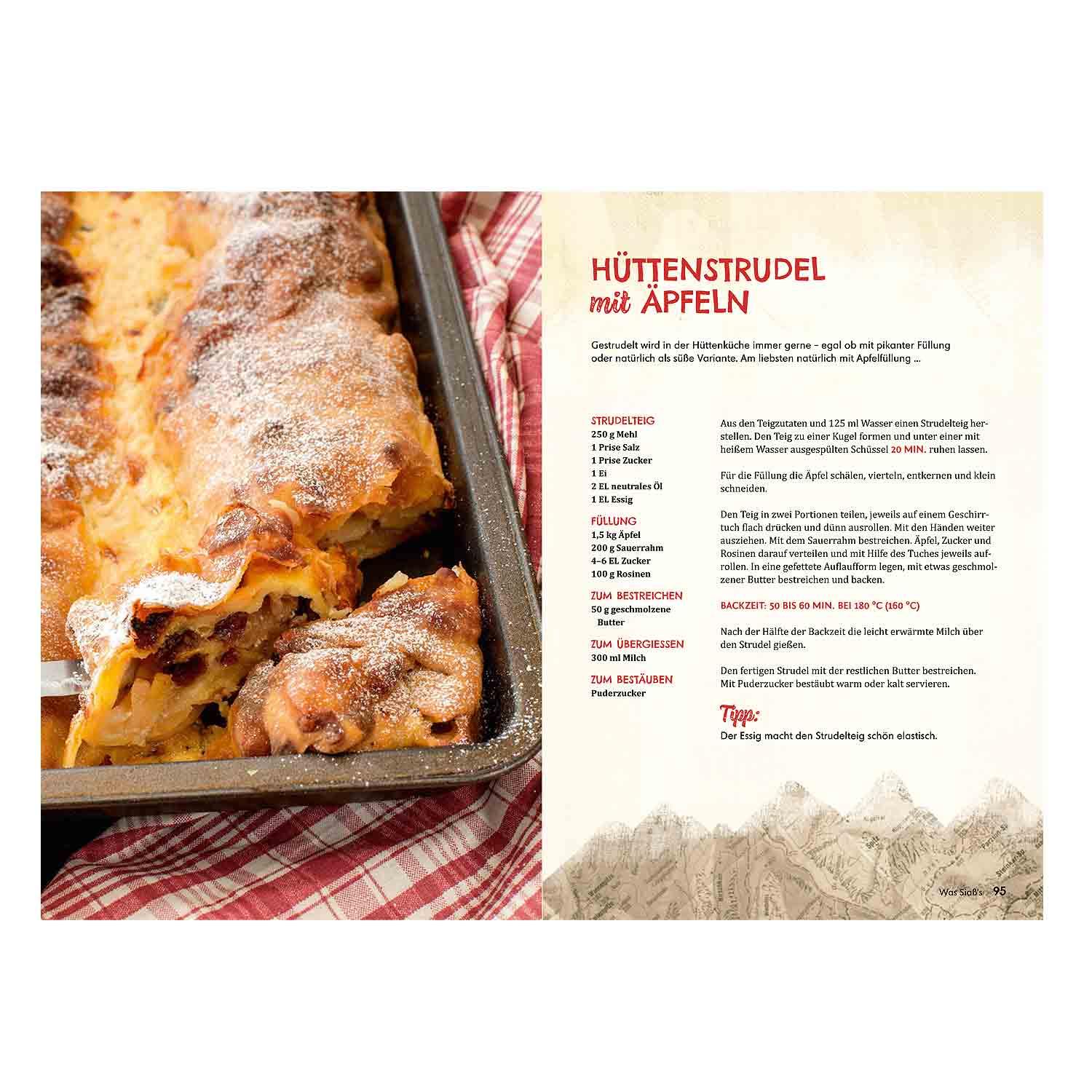 Kochbuch mit rustikalem Cover, Titel „Hüttenküche für Dahoam“, über 75 alpenländische Rezepte von Hüttenwirten.