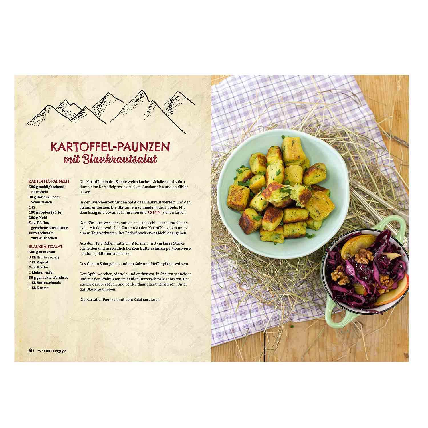 Kochbuch mit über 75 traditionellen Hüttenrezepten, Softcover mit Alpenmotiv und rot-weißem Rautenmuster.