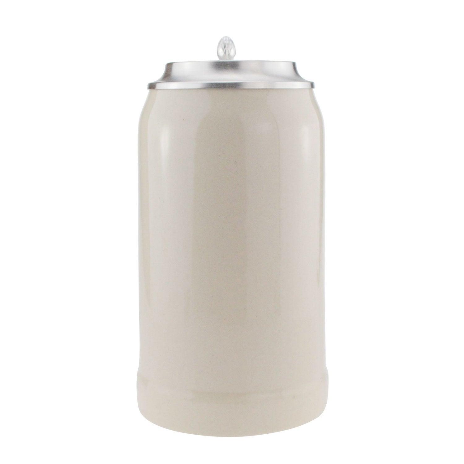 Personalisierter Bierkrug aus Steingut mit graviertem Logo, bauchiger Form und Zinndeckel, 1,0 Liter.