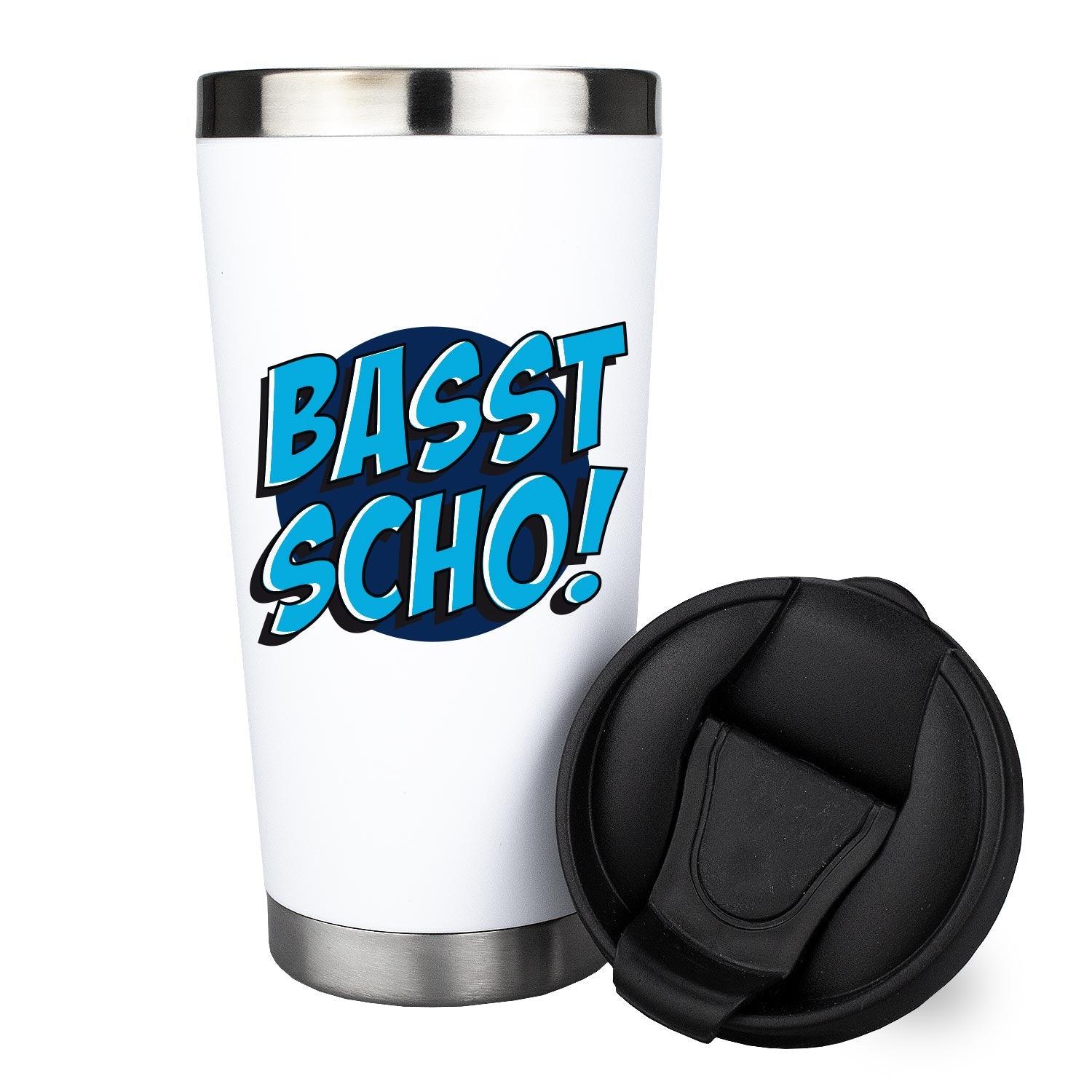 Weißer Thermo-Becher Basst scho! mit blauer Aufschrift und schwarzem Deckel, Edelstahlboden und -rand