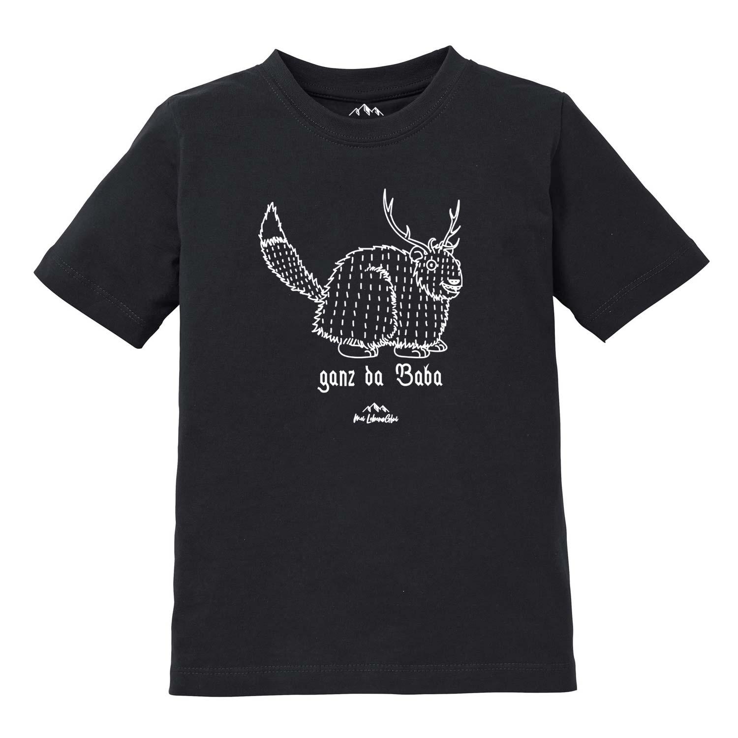Kinder T-Shirt mit zentralem Wolpertinger-Motiv und Schriftzug „Ganz da Baba“, aus Baumwolle, Siebdruck.