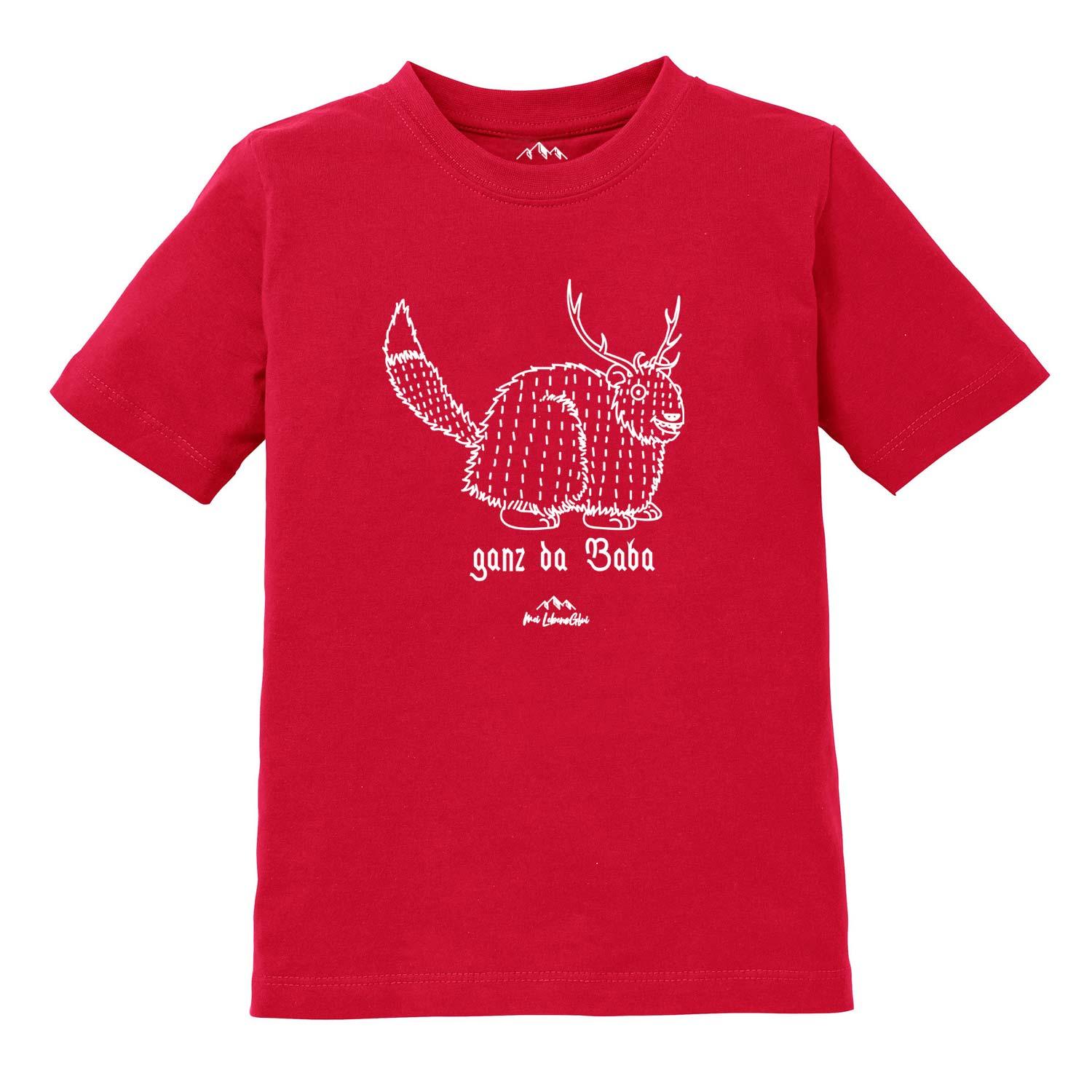Kinder T-Shirt mit Wolpertinger-Motiv und Schriftzug „Ganz da Baba“, Siebdruck auf Baumwolle, bayerisches Mundart-Gwand.