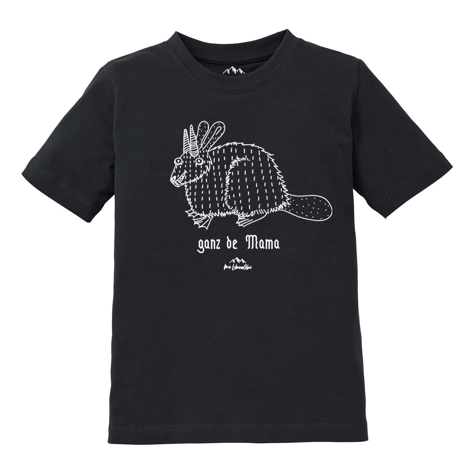 Kinder T-Shirt mit Wolpertinger-Motiv und bayerischem Schriftzug „Ganz de Mama“, aus Baumwolle mit Siebdruck.