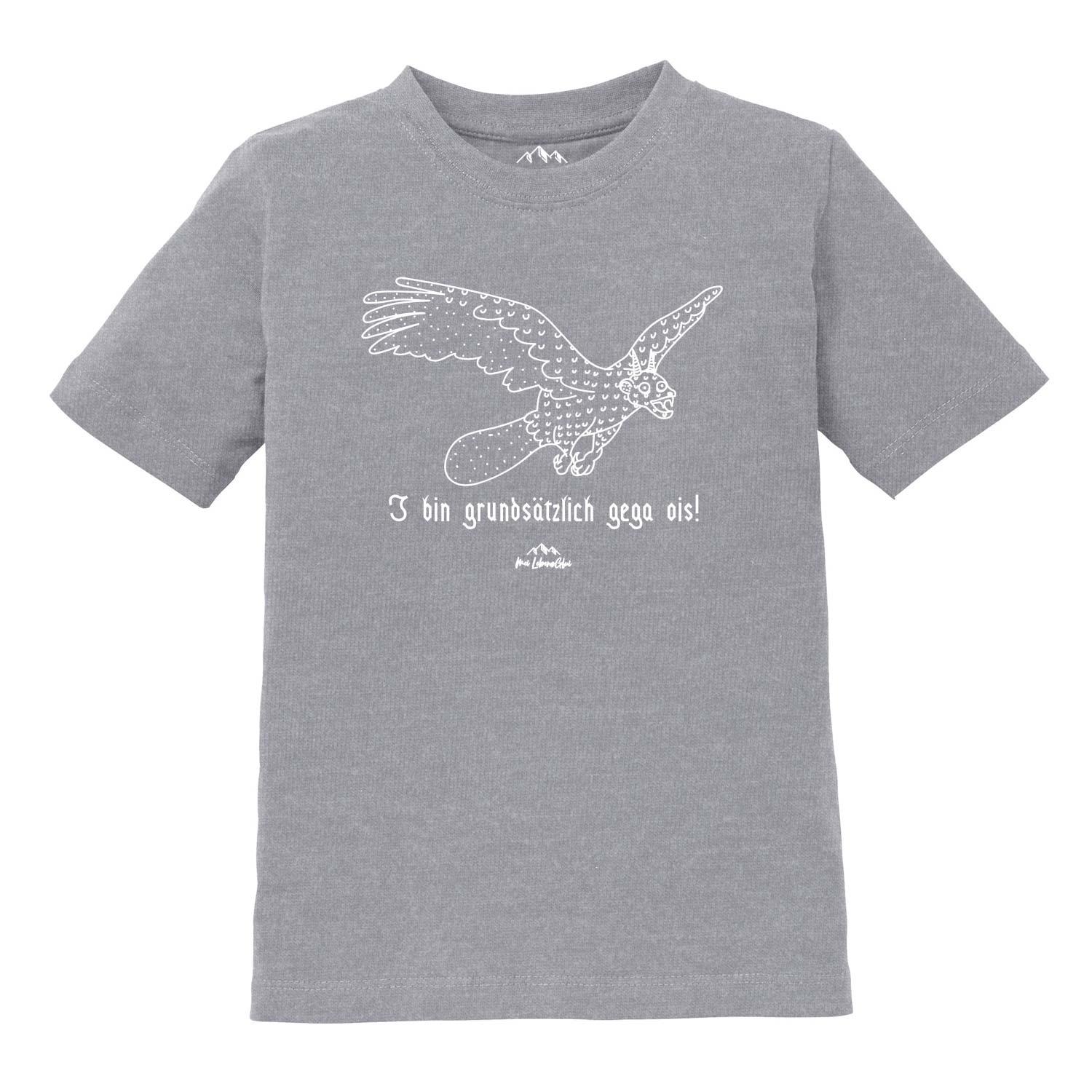 Kinder T-Shirt mit Wolpertinger-Motiv und bayerischem Schriftzug „Gega ois“, aus Baumwolle, Siebdruck.