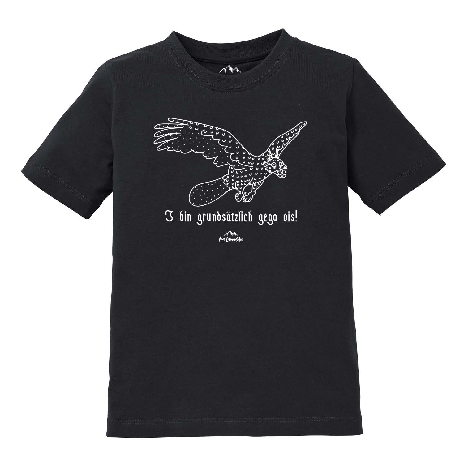 Kinder T-Shirt mit Wolpertinger-Motiv und bayerischem Schriftzug „Gega ois“, aus Baumwolle, Siebdruck.