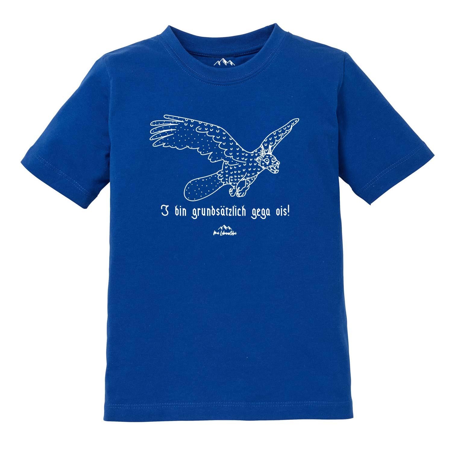 Kinder T-Shirt mit Wolpertinger-Motiv und bayerischem Schriftzug „Gega ois“, aus Baumwolle, Siebdruck.