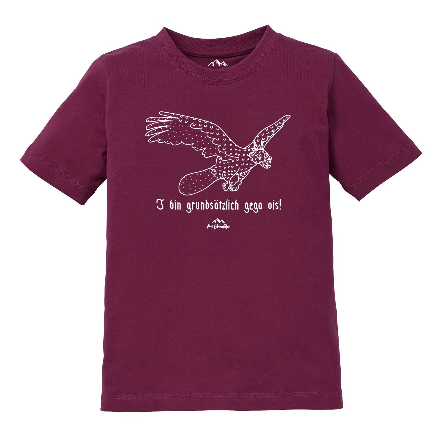 Kinder T-Shirt mit Wolpertinger-Motiv und Schriftzug „Gega ois“, Siebdruck, aus Baumwolle.