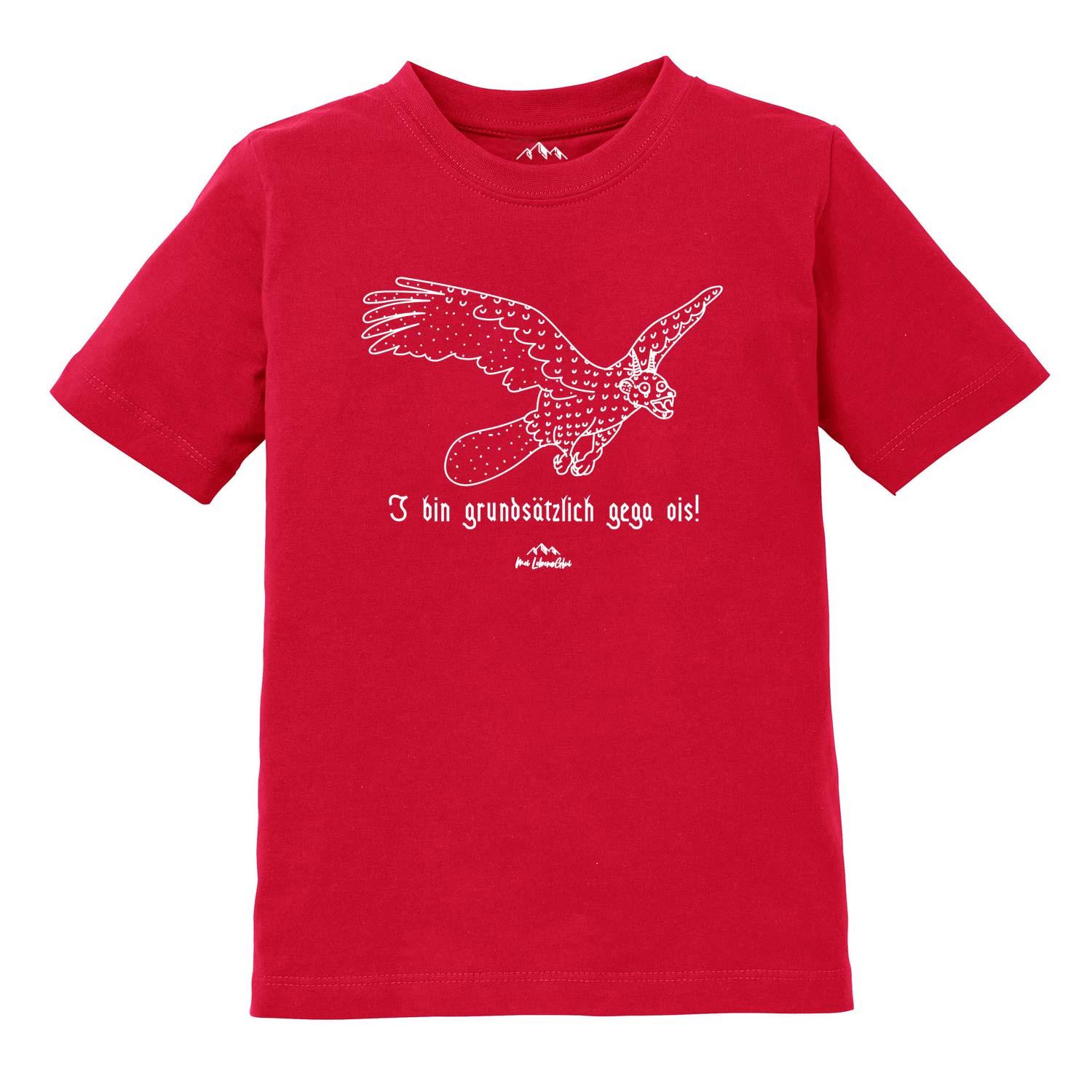 Kinder T-Shirt mit Wolpertinger-Motiv und bayerischem Schriftzug „Gega ois“, aus Baumwolle, Siebdruck.