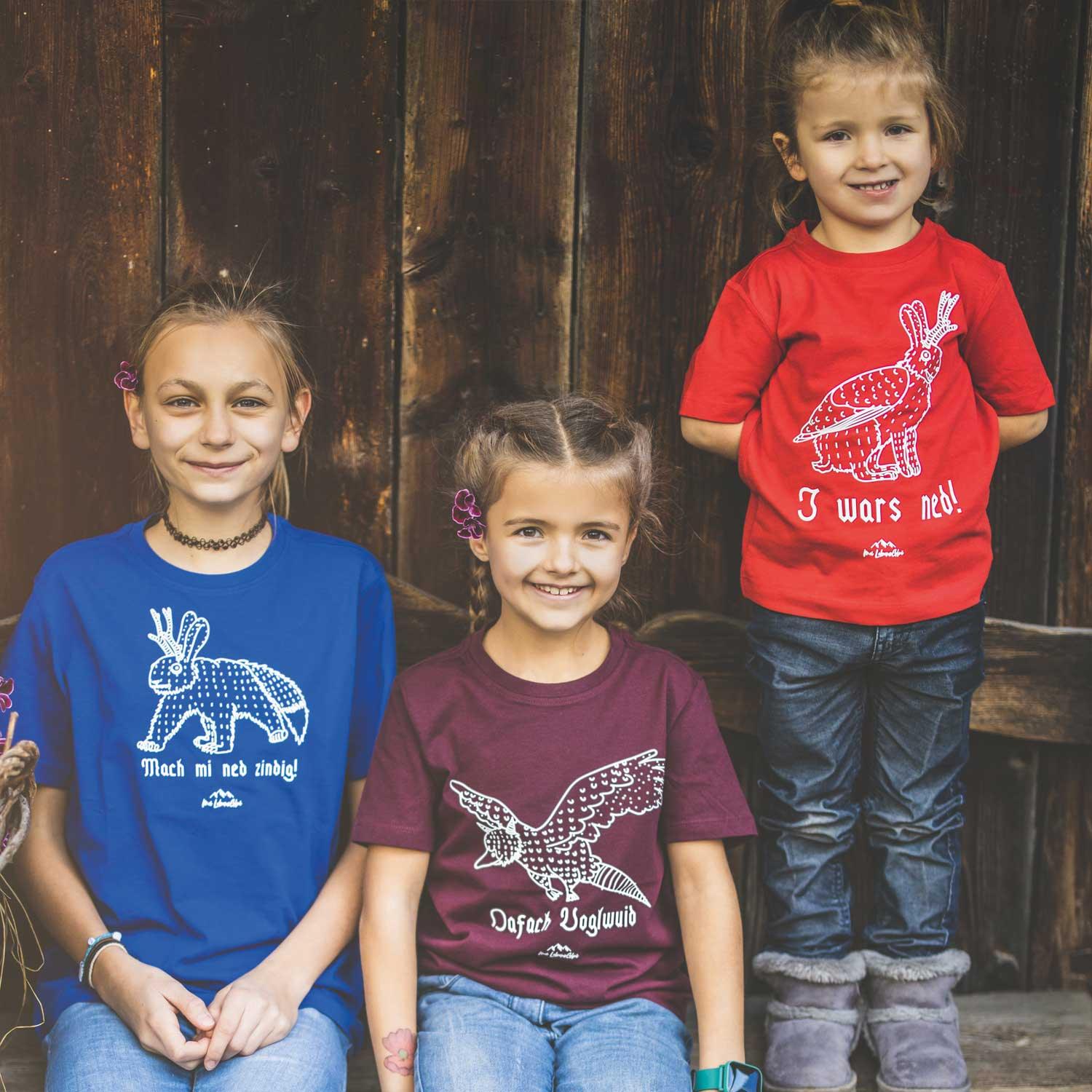Kinder T-Shirt mit Wolpertinger-Motiv und bayerischem Schriftzug "I wars ned", aus Baumwolle, Siebdruck.